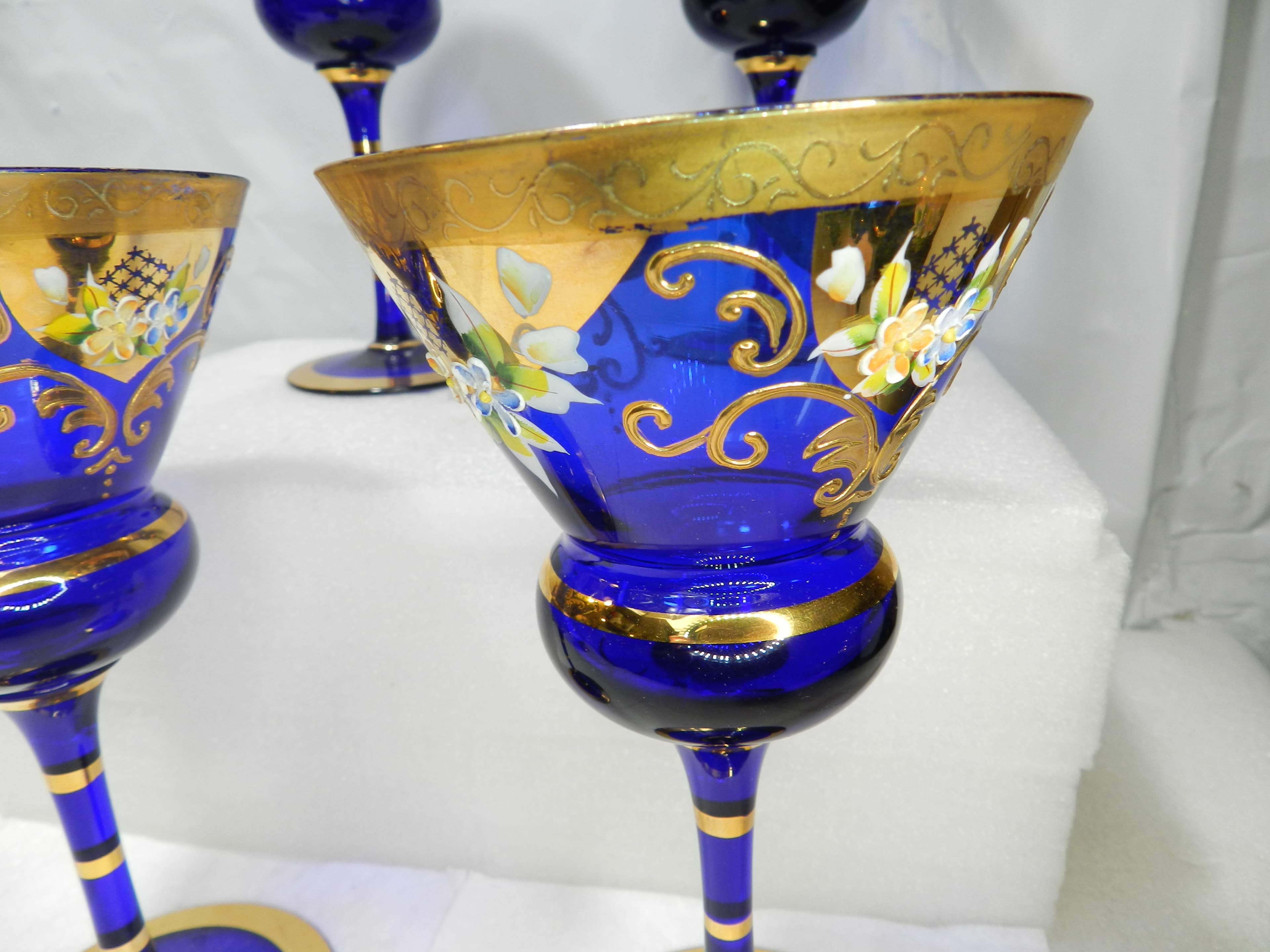 4 Antique Murano Venetian Stem Wine Glasses Cobalt Blue 24kt Gold  (N21J) - Thumbnail 4