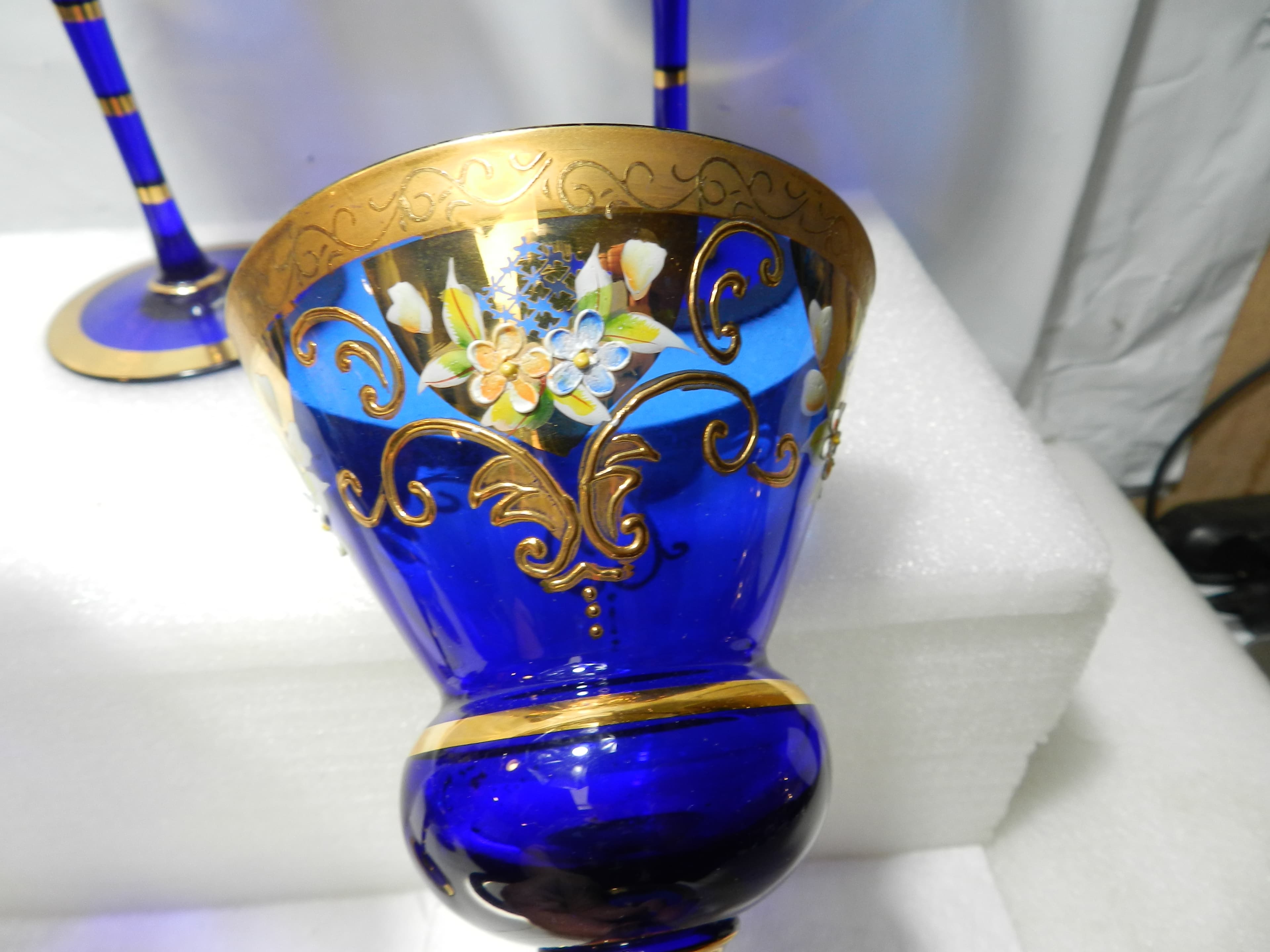 4 Antique Murano Venetian Stem Wine Glasses Cobalt Blue 24kt Gold  (N21J) - Thumbnail 3