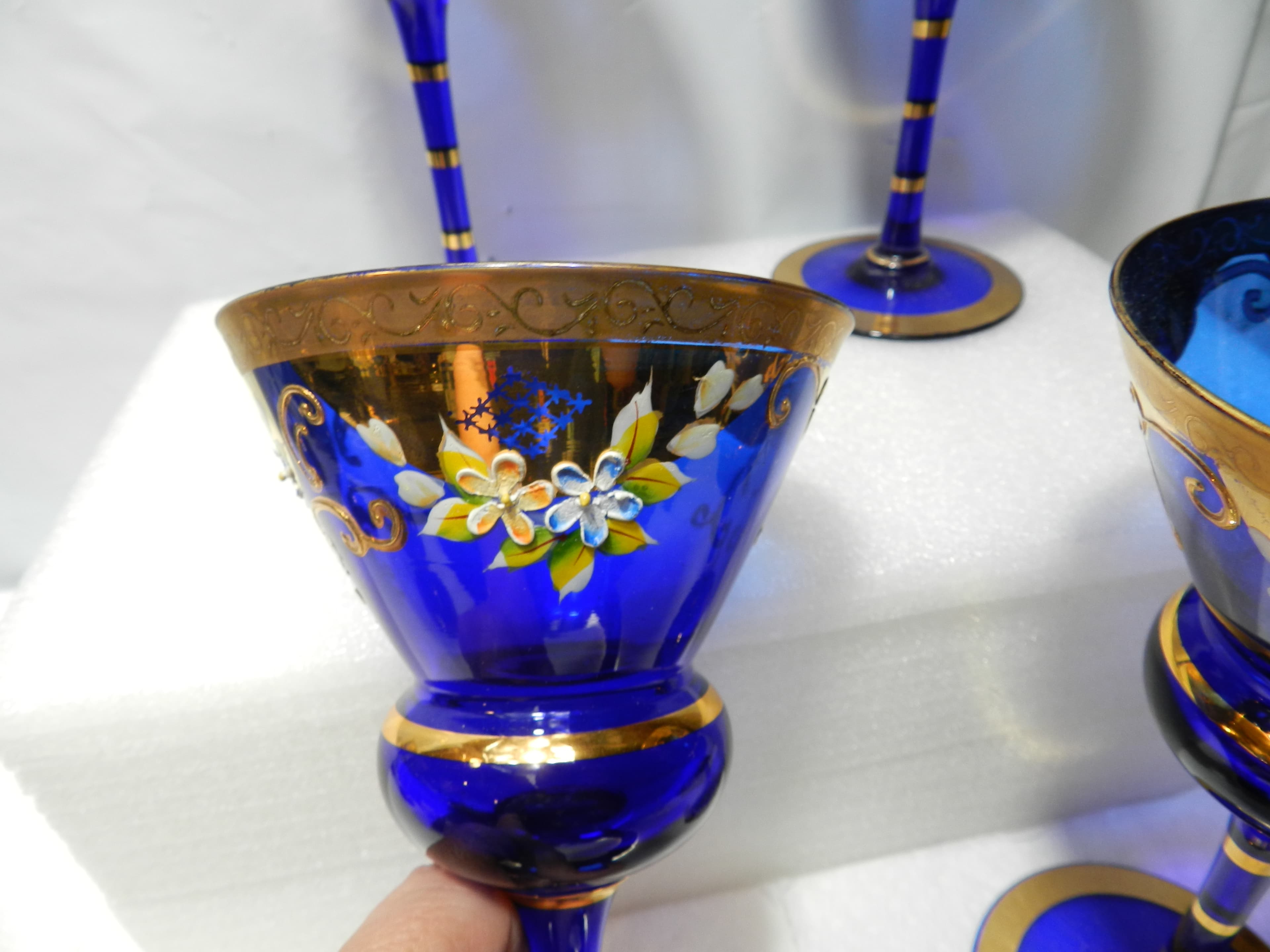4 Antique Murano Venetian Stem Wine Glasses Cobalt Blue 24kt Gold  (N21J) - Thumbnail 5