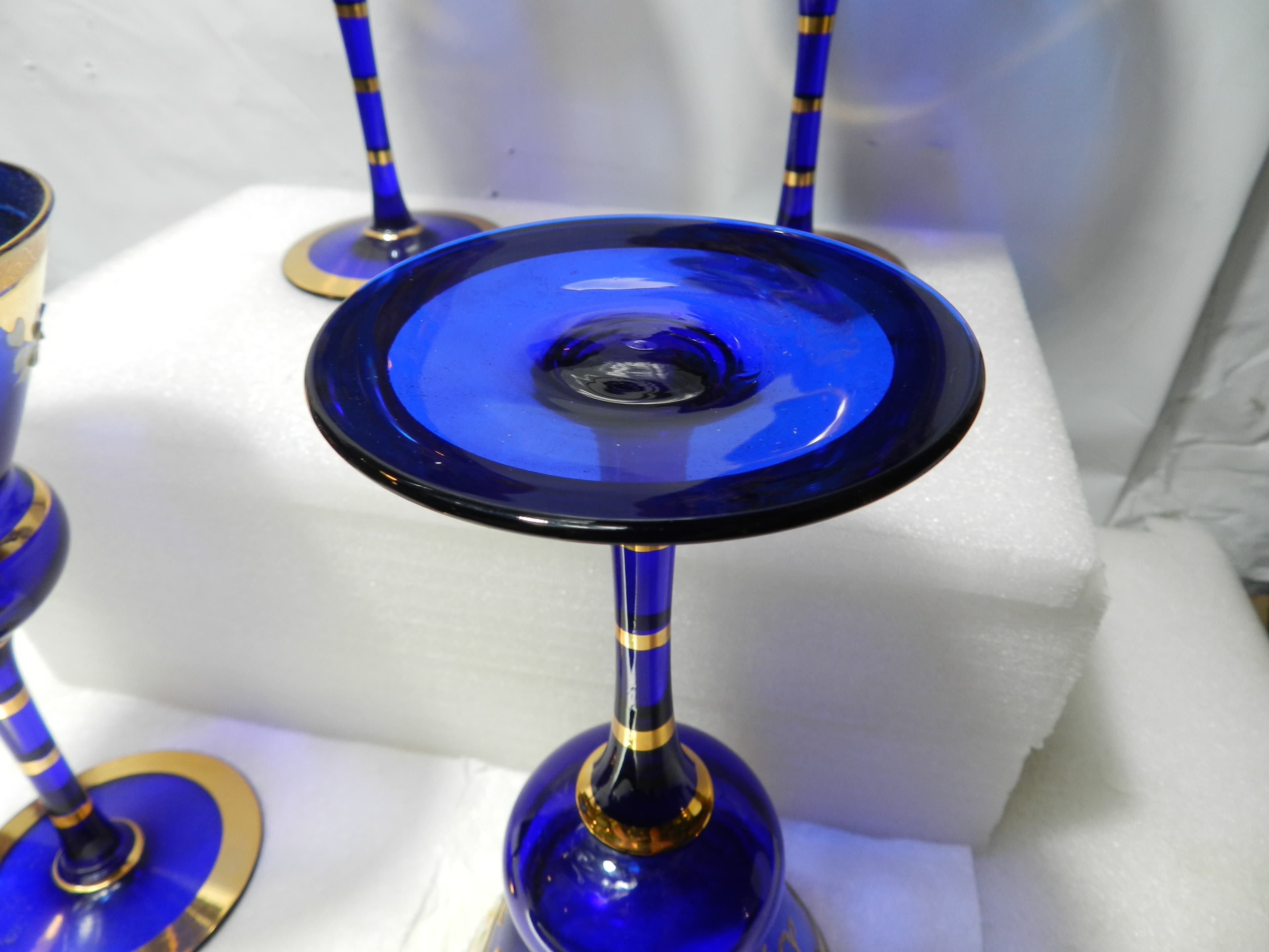 4 Antique Murano Venetian Stem Wine Glasses Cobalt Blue 24kt Gold  (N21J) - Thumbnail 6