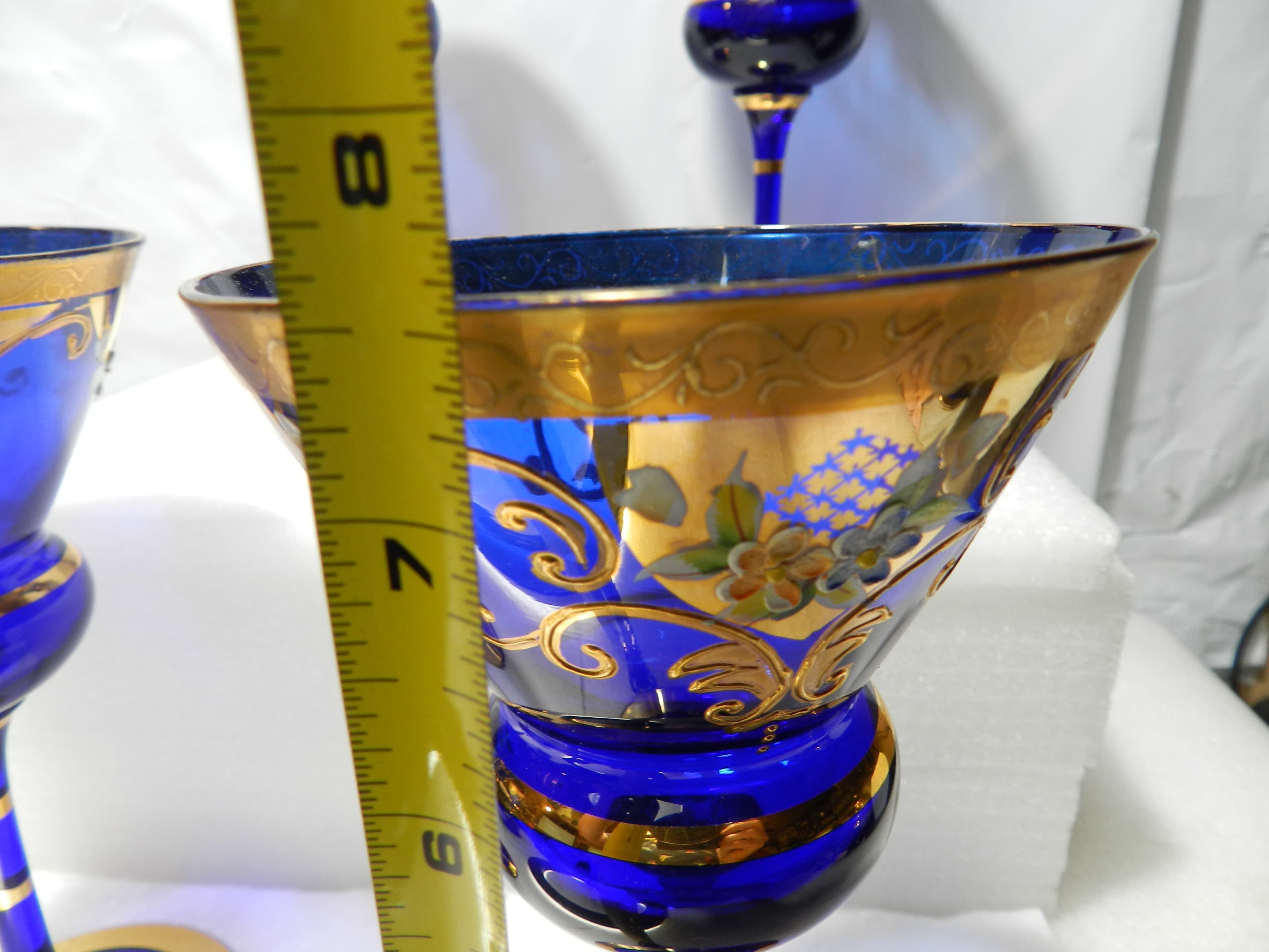 4 Antique Murano Venetian Stem Wine Glasses Cobalt Blue 24kt Gold  (N21J) - Thumbnail 7