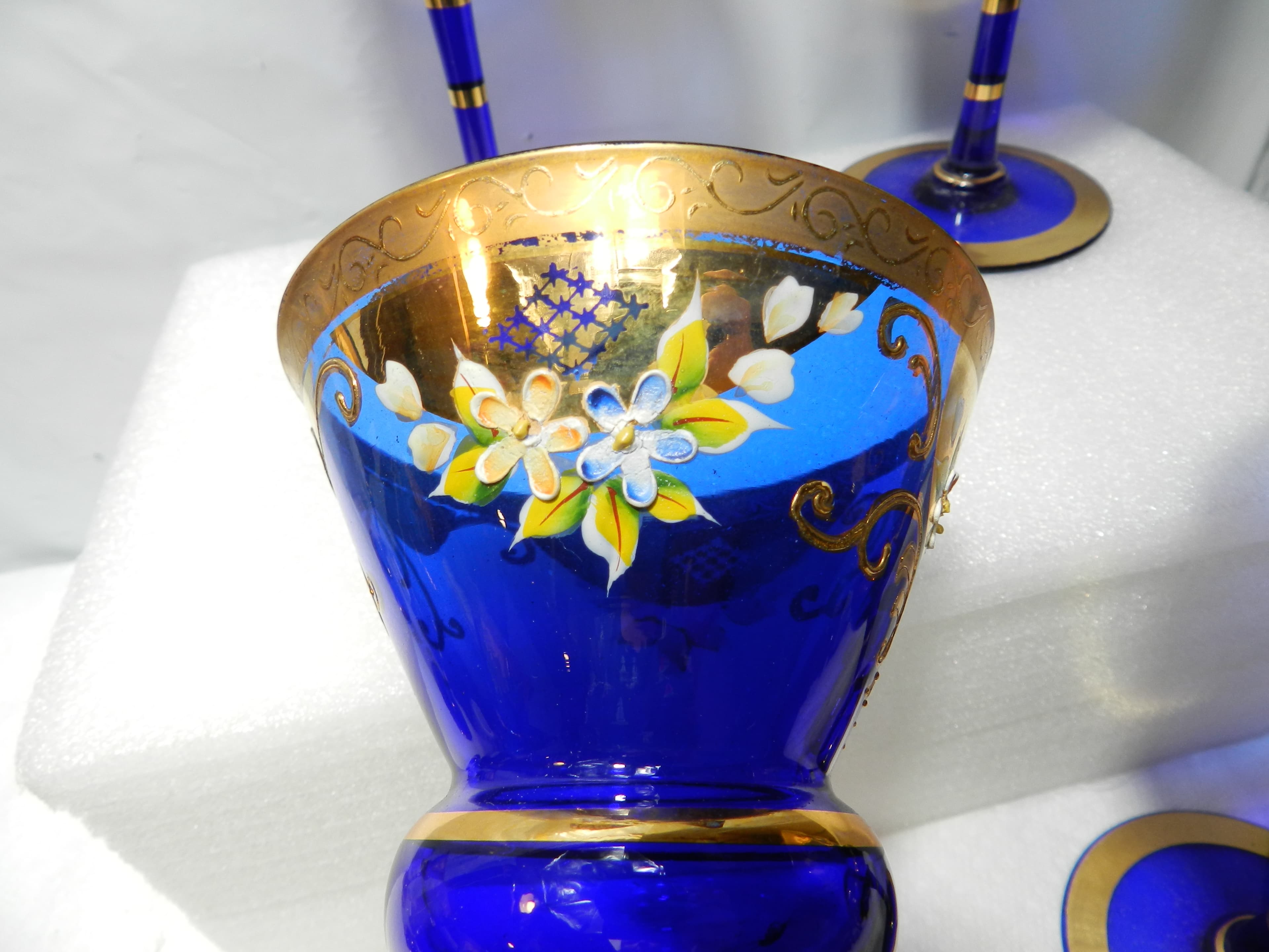 4 Antique Murano Venetian Stem Wine Glasses Cobalt Blue 24kt Gold  (N21J) - Thumbnail 9