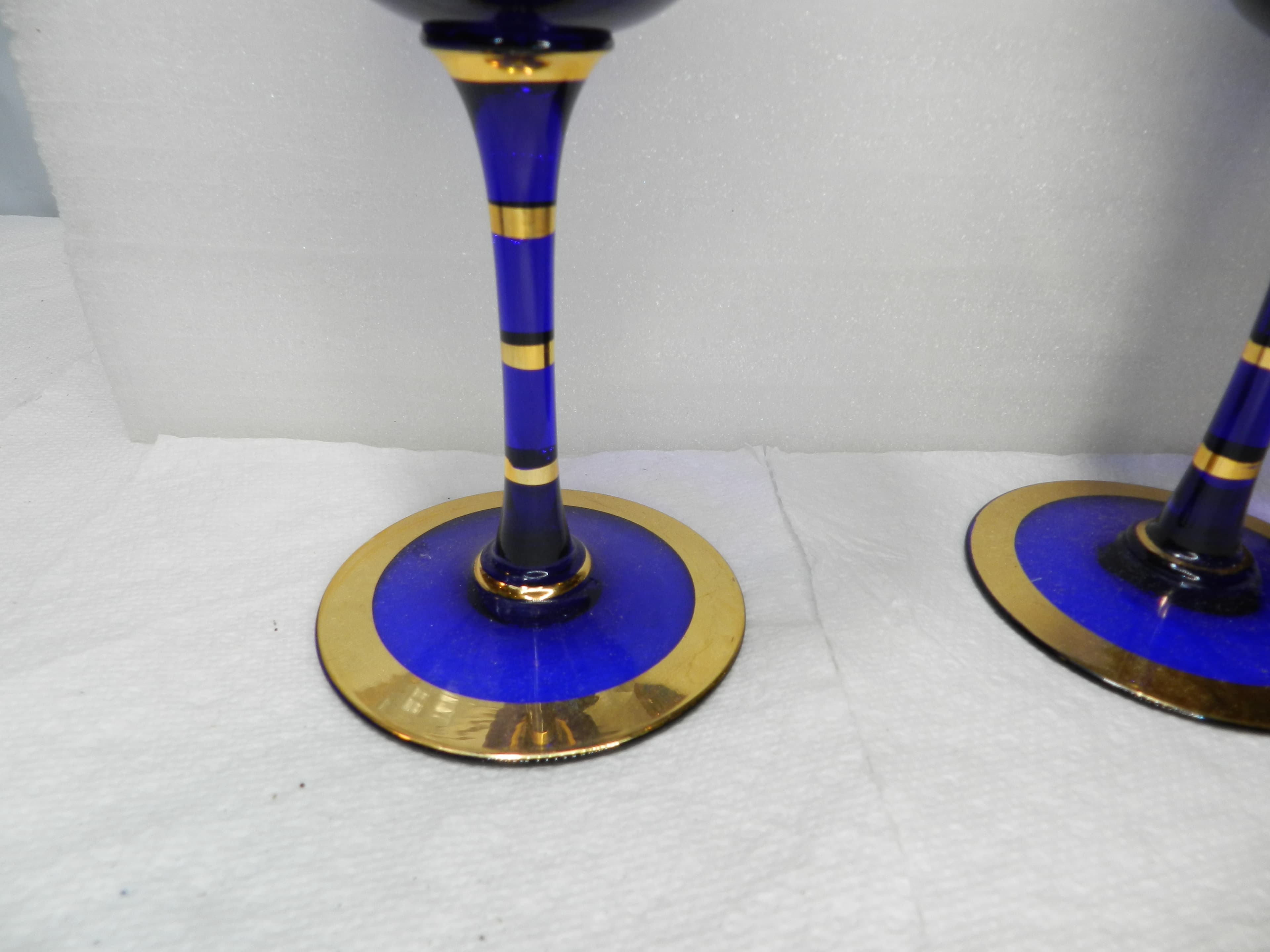 4 Antique Murano Venetian Stem Wine Glasses Cobalt Blue 24kt Gold  (N21J) - Thumbnail 8
