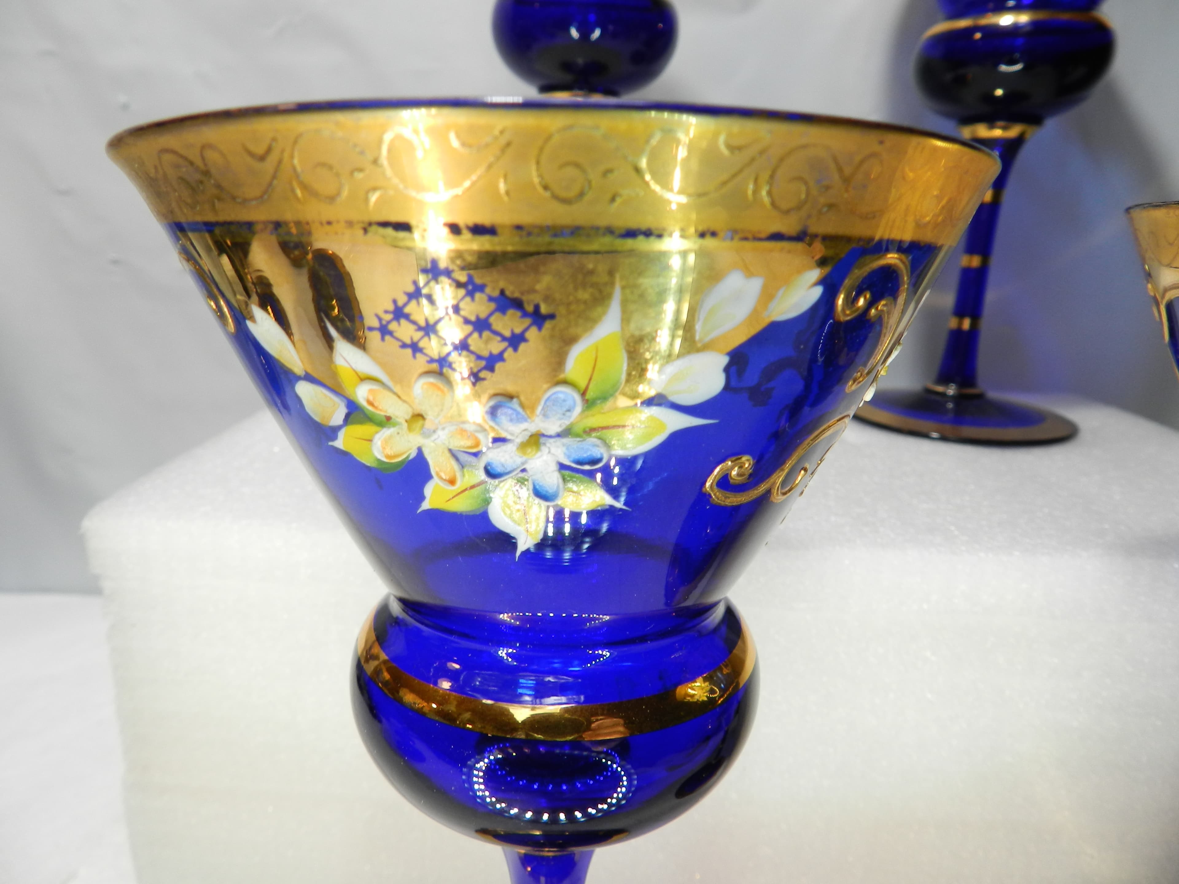 4 Antique Murano Venetian Stem Wine Glasses Cobalt Blue 24kt Gold  (N21J) - Thumbnail 10