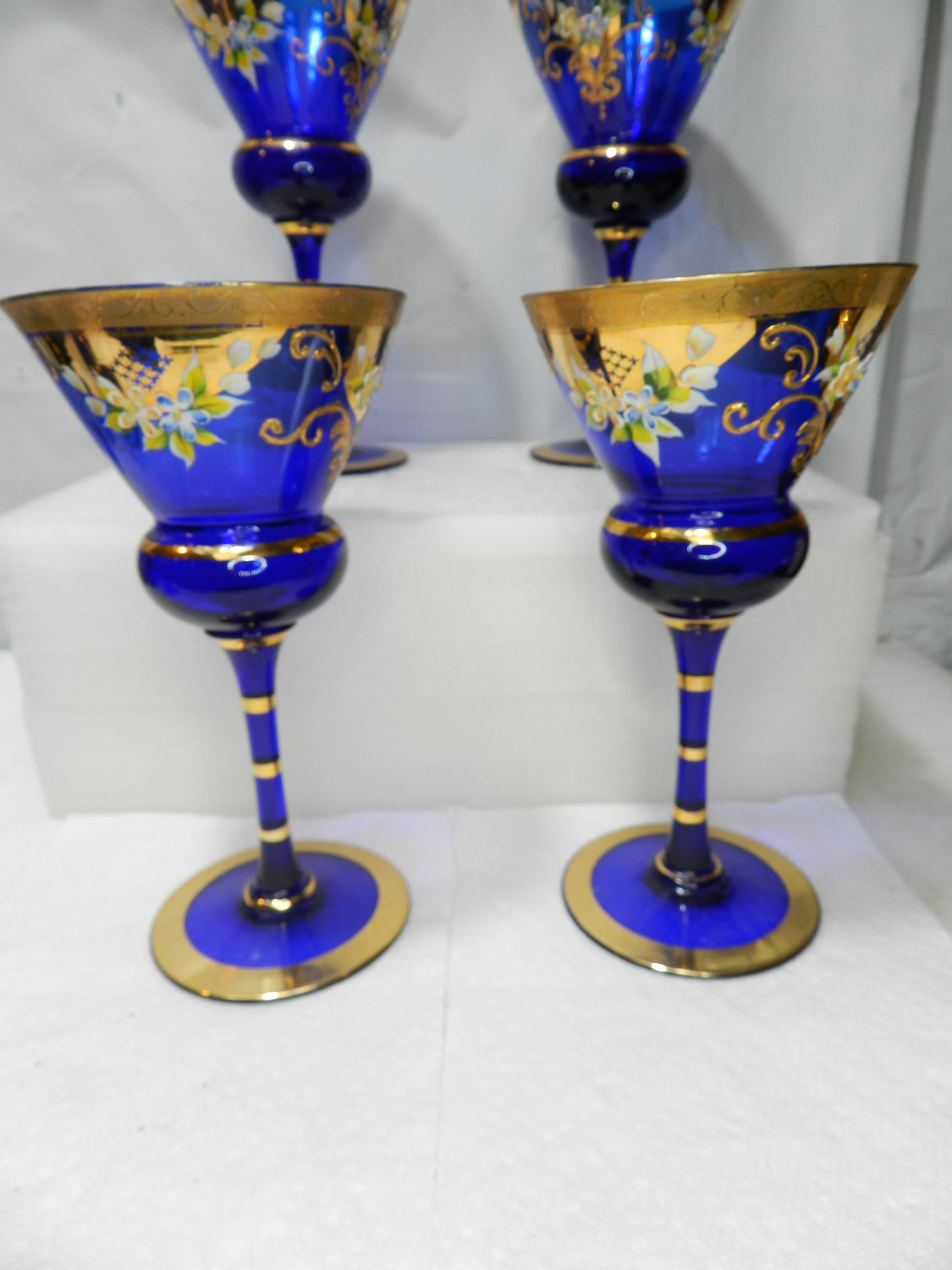 4 Antique Murano Venetian Stem Wine Glasses Cobalt Blue 24kt Gold  (N21J) - Thumbnail 11