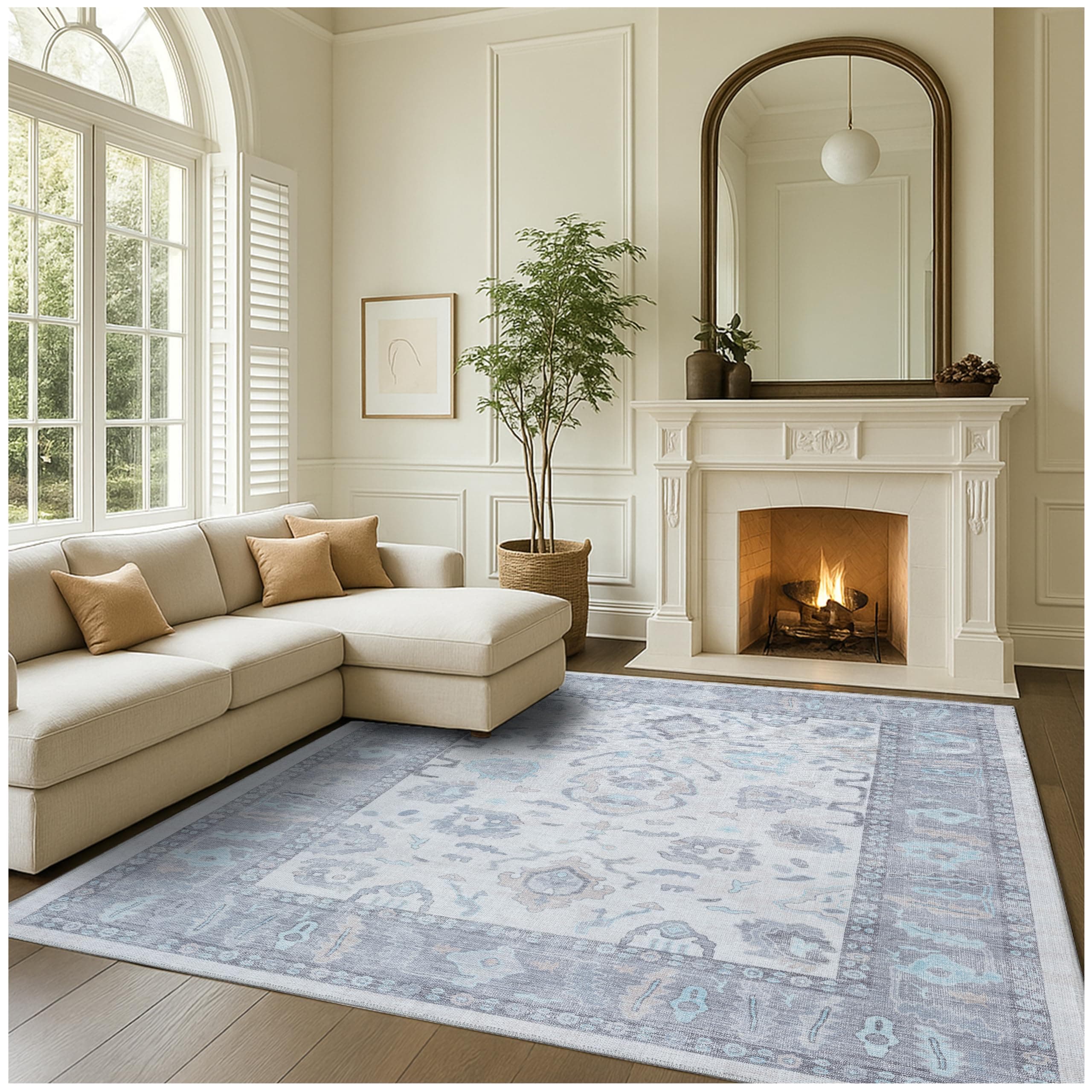 Fame Rugs Gray Modern Oushak Rug 26X7 Washable Vintage Turkish Colorful - Thumbnail 9
