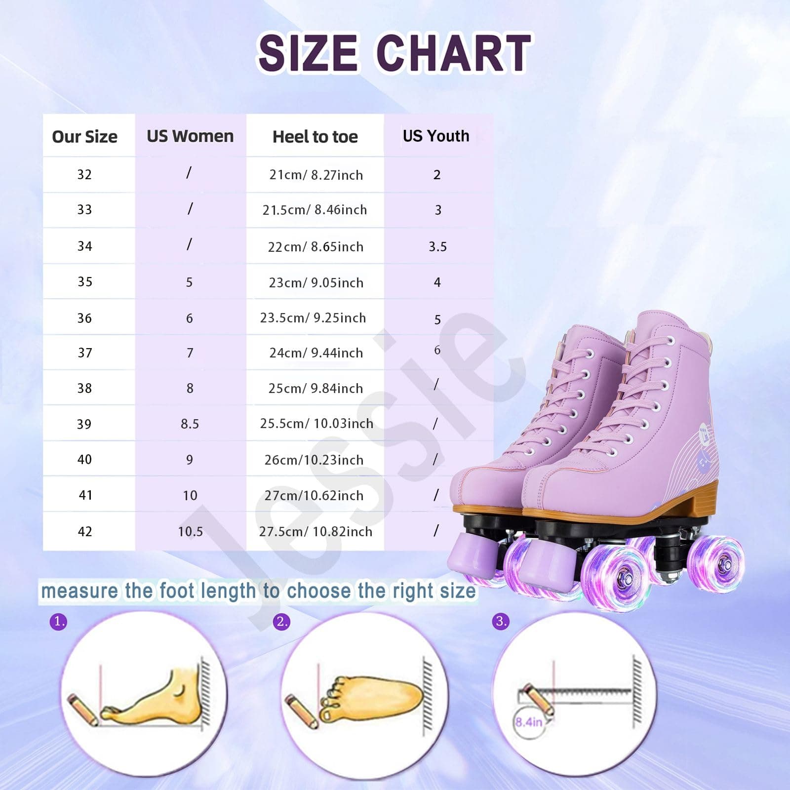 Jessie Womens Girls Light Up Roller Skates Pu Leather Adjustable Four-Wheel - Thumbnail 5