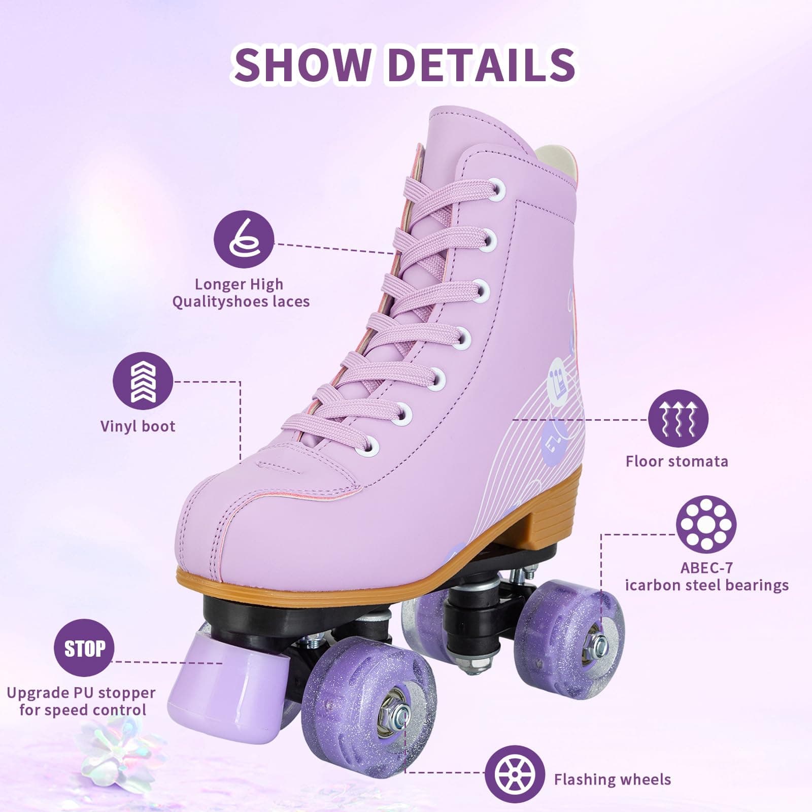 Jessie Womens Girls Light Up Roller Skates Pu Leather Adjustable Four-Wheel