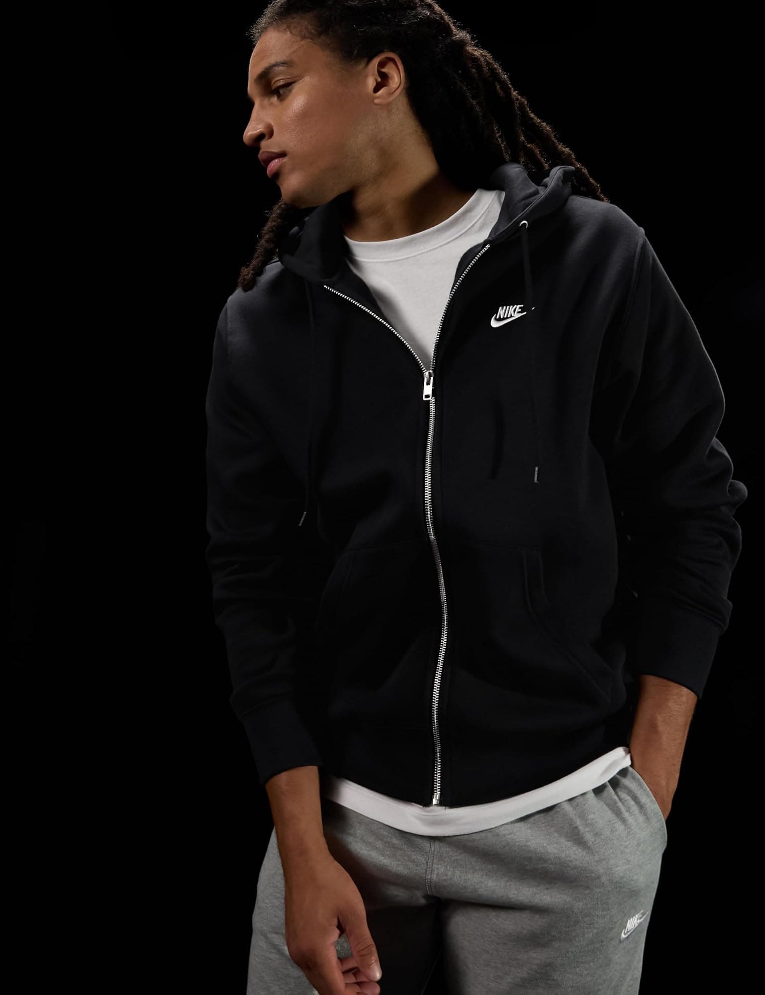 Nike Men's Club Full-zip Fleece Hoodie - Black/Black/White - SM - Thumbnail 2