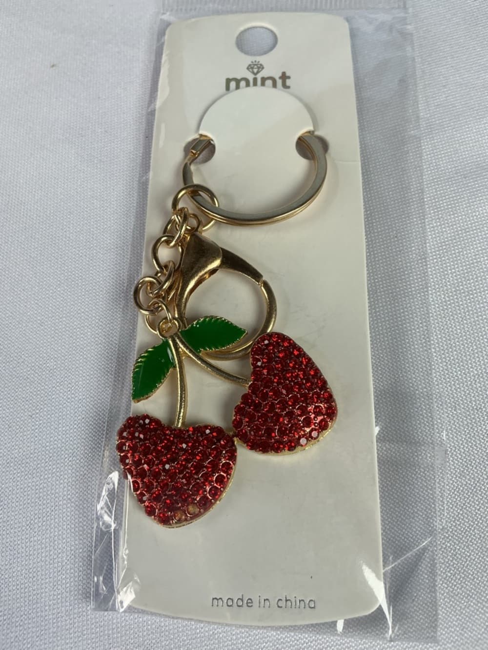 Red Rhinestone Cherry Keychain Gold Tone Cute Bling Bag Charm - Thumbnail 3