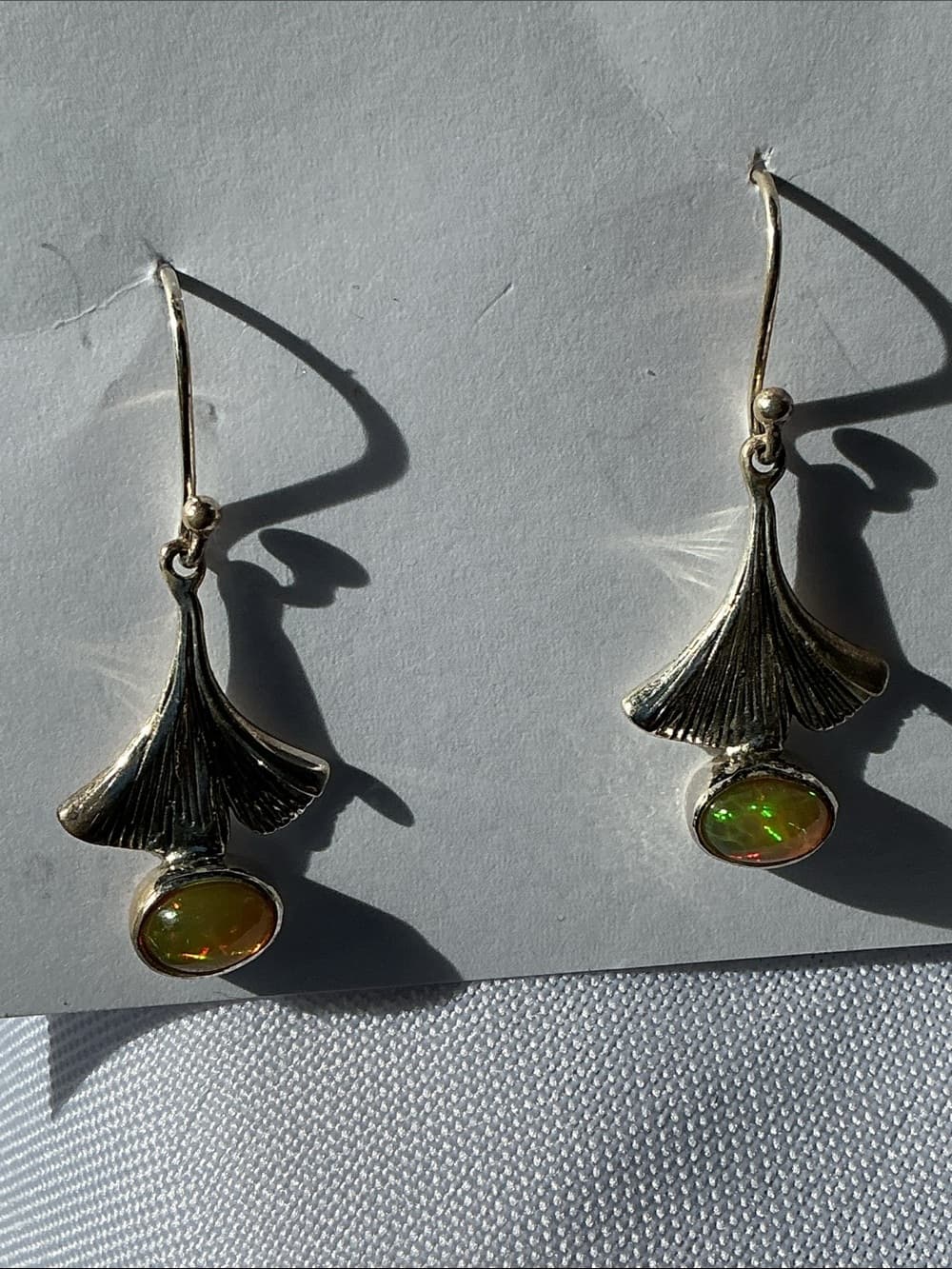 Sterling Silver Ginkgo Leaf Drop Earrings with Opal Accent - White/Green - Thumbnail 3