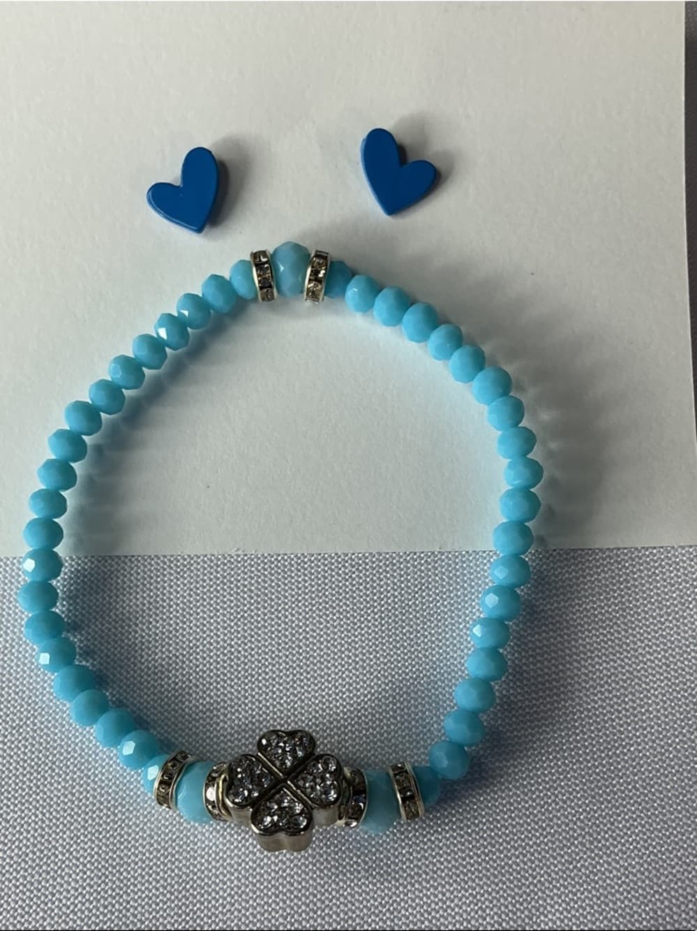 ★Blue Heart Stud Earrings & Beaded Bracelet Jewelry Set - Thumbnail 4