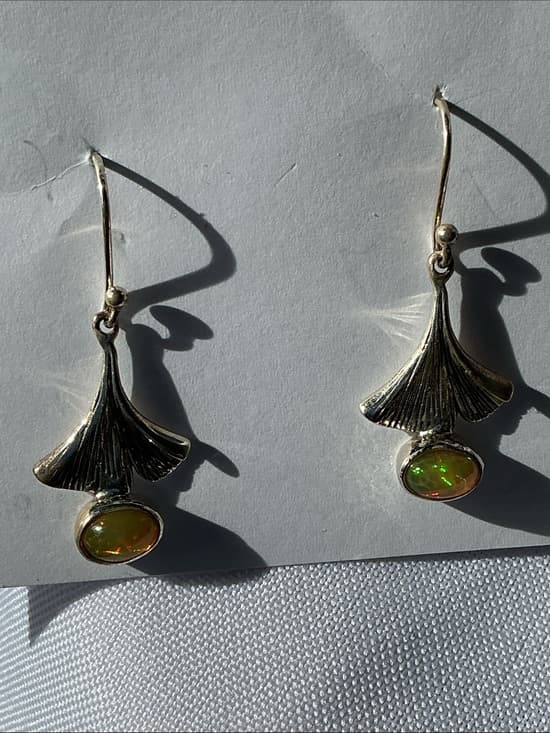 Sterling Silver Ginkgo Leaf Drop Earrings with Opal Accent - White/Green - Thumbnail 4