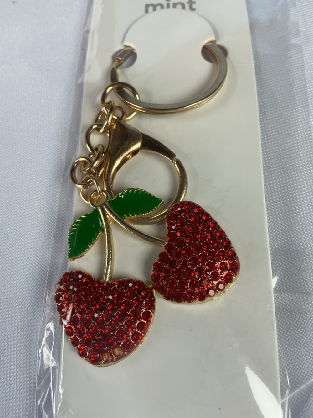 Red Rhinestone Cherry Keychain Gold Tone Cute Bling Bag Charm
