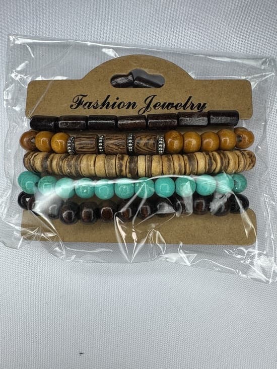 Beaded Bracelet Set Wood Turquoise Stretch Stack 5pc - Thumbnail 3