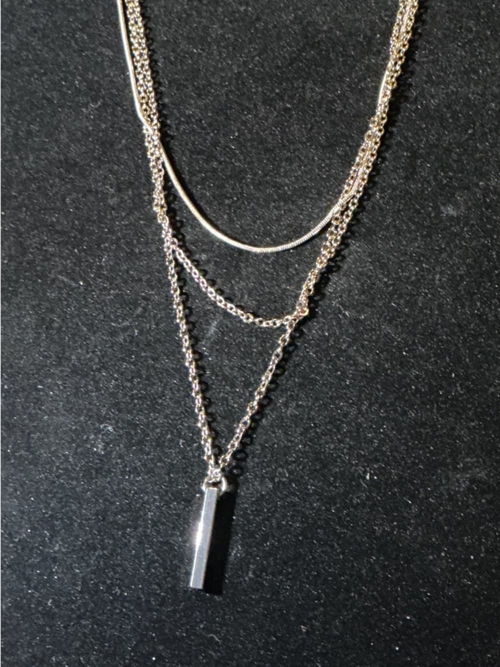 Layered Silver Tone Necklace Bar Pendant Minimalist Adjustable - Thumbnail 2