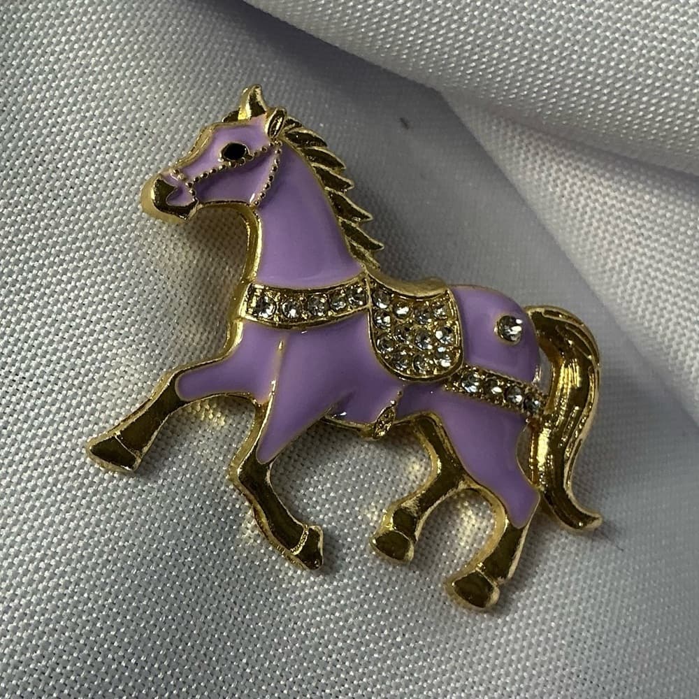 ⭐ Purple Enamel Horse Brooch Gold Tone Rhinestone Saddle Pin