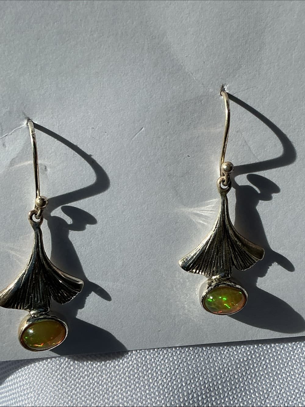 Sterling Silver Ginkgo Leaf Drop Earrings with Opal Accent - White/Green