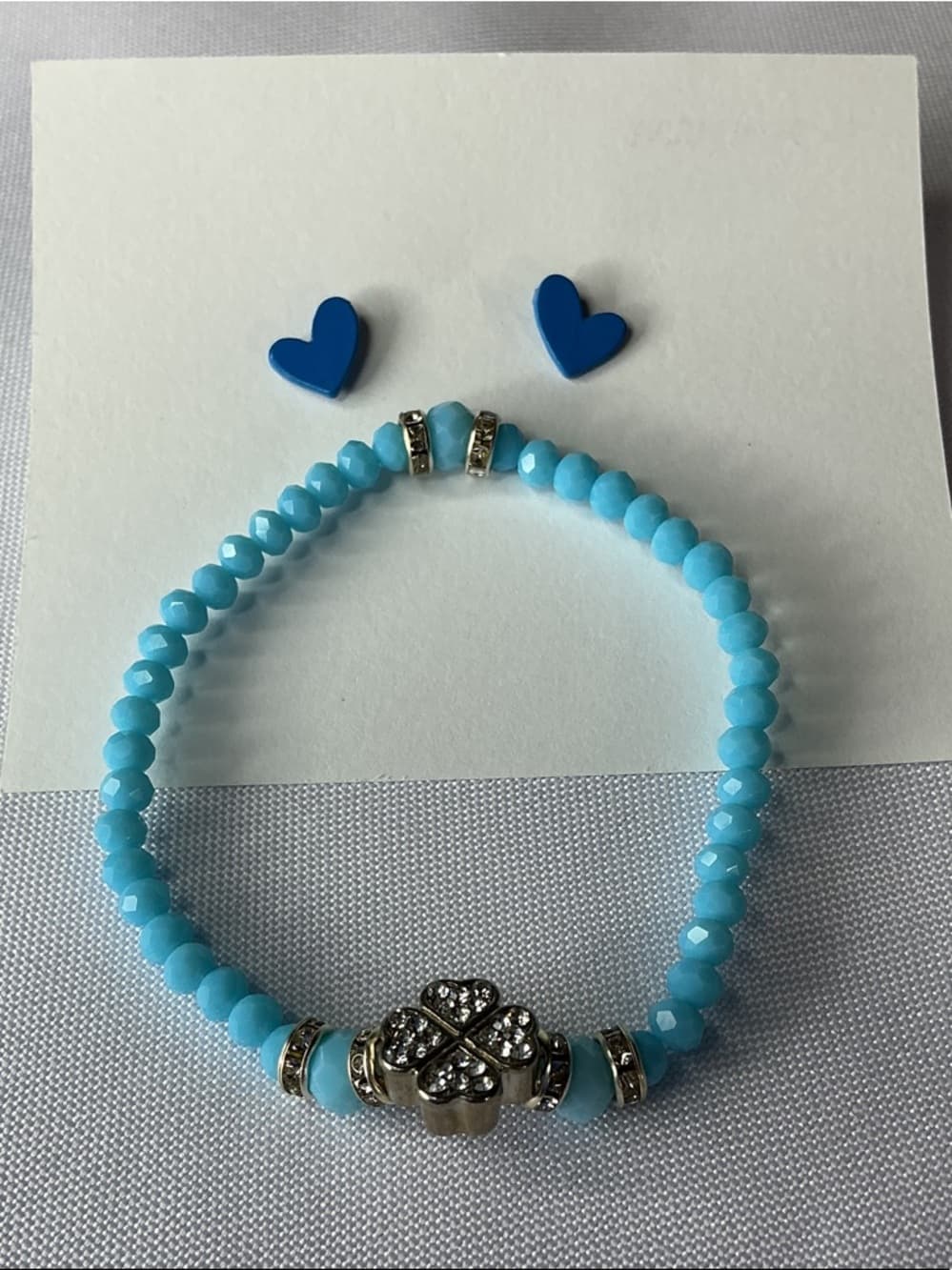 ★Blue Heart Stud Earrings & Beaded Bracelet Jewelry Set - Thumbnail 3