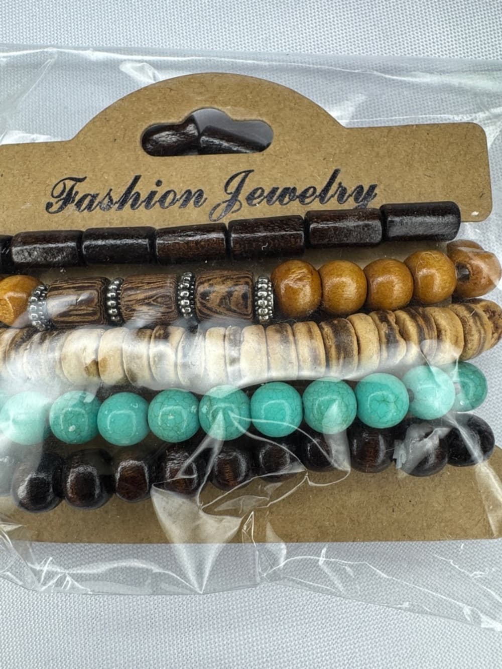 Beaded Bracelet Set Wood Turquoise Stretch Stack 5pc