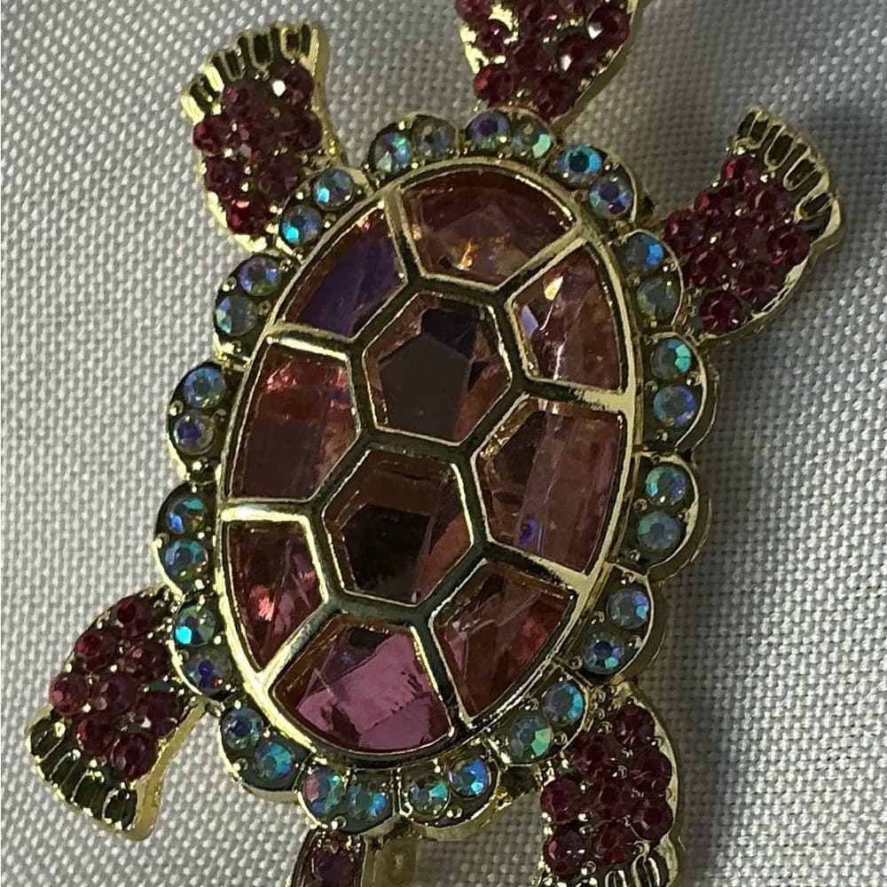 ⭐ Red Sea Turtle Brooch Rhinestone Gold Tone Beachy Pin - Thumbnail 2