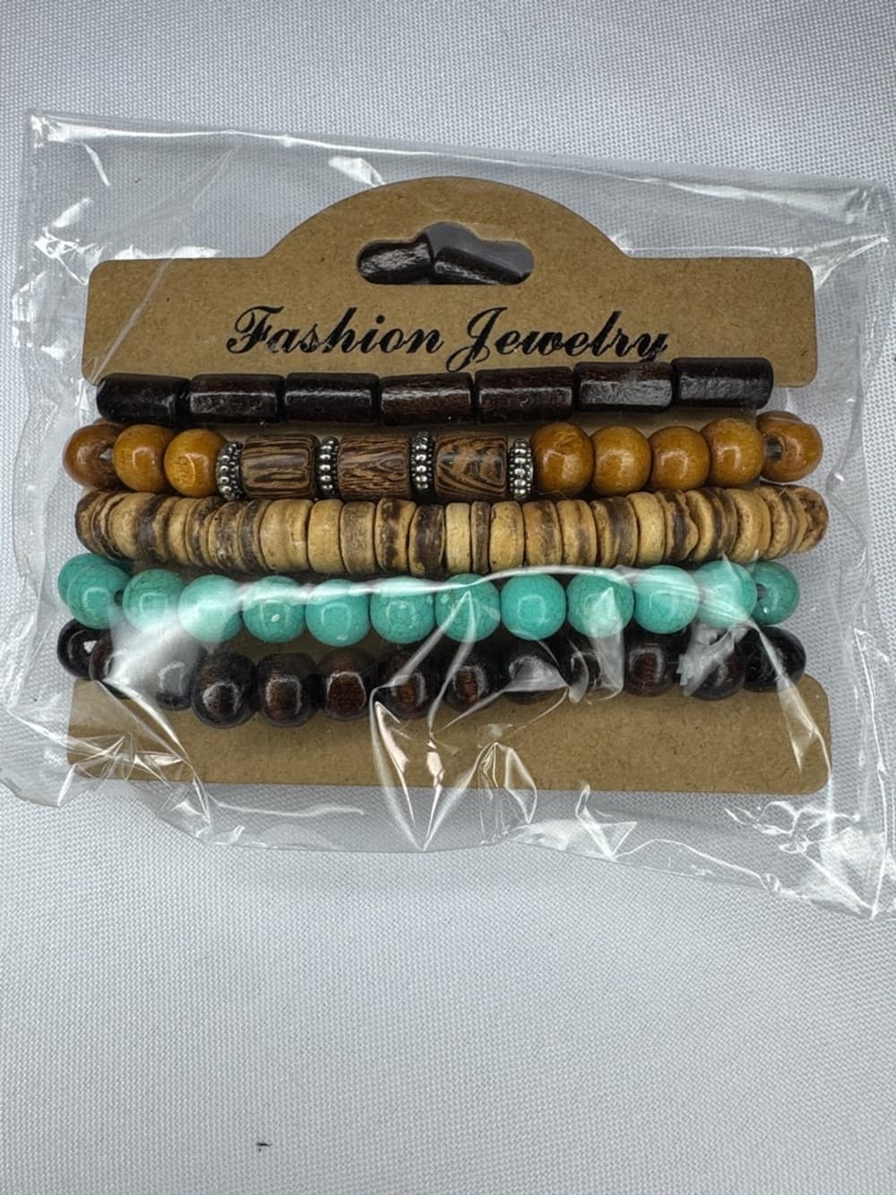 Beaded Bracelet Set Wood Turquoise Stretch Stack 5pc - Thumbnail 2