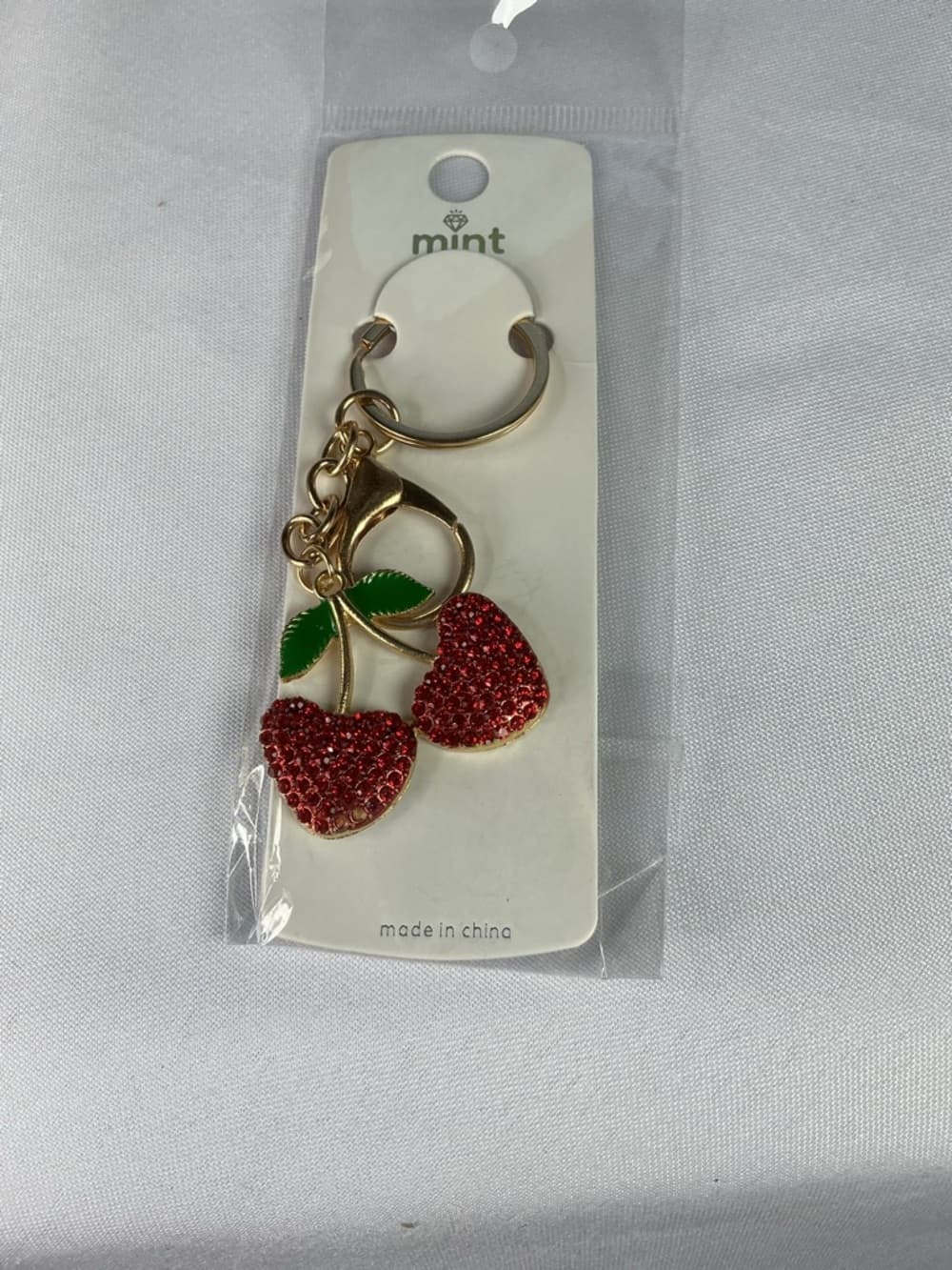 Red Rhinestone Cherry Keychain Gold Tone Cute Bling Bag Charm - Thumbnail 2