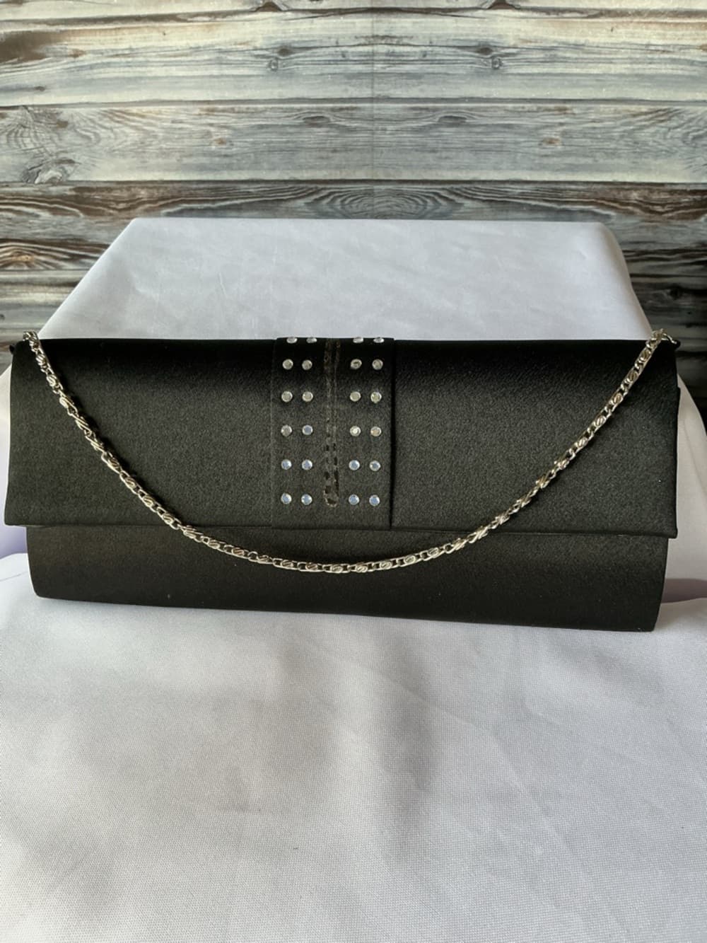 ⭐ Black Satin Evening Clutch Rhinestone Accent Chain Strap Formal Purse - Thumbnail 4