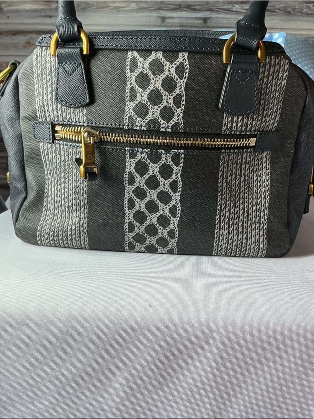 ⭐ Gray Canvas Stripe Satchel Handbag Gold Hardware Everyday Carry Bag - Thumbnail 10