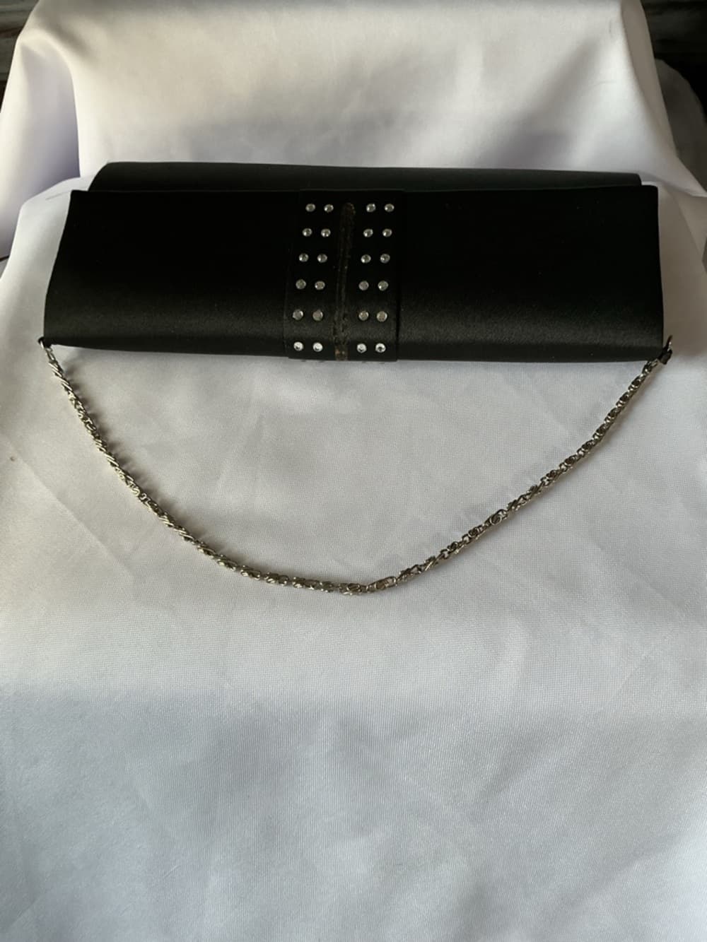 ⭐ Black Satin Evening Clutch Rhinestone Accent Chain Strap Formal Purse - Thumbnail 3