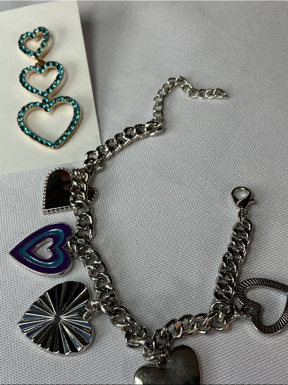 Teal Rhinestone Triple Heart Dangle Earrings Statement Glam - Thumbnail 2
