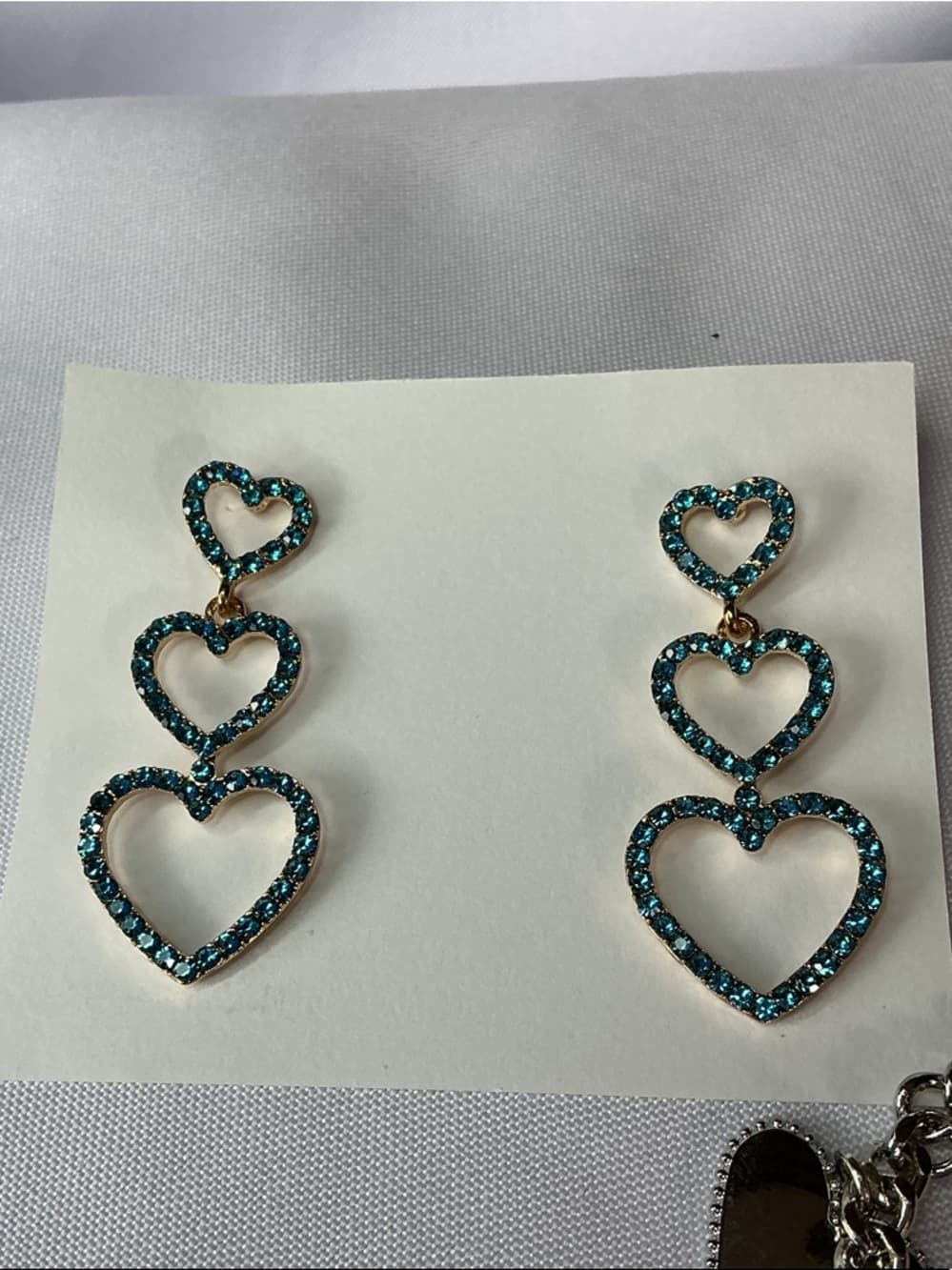 Teal Rhinestone Triple Heart Dangle Earrings Statement Glam