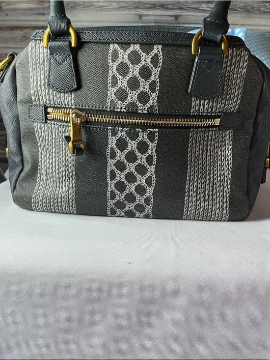 ⭐ Gray Canvas Stripe Satchel Handbag Gold Hardware Everyday Carry Bag - Thumbnail 11