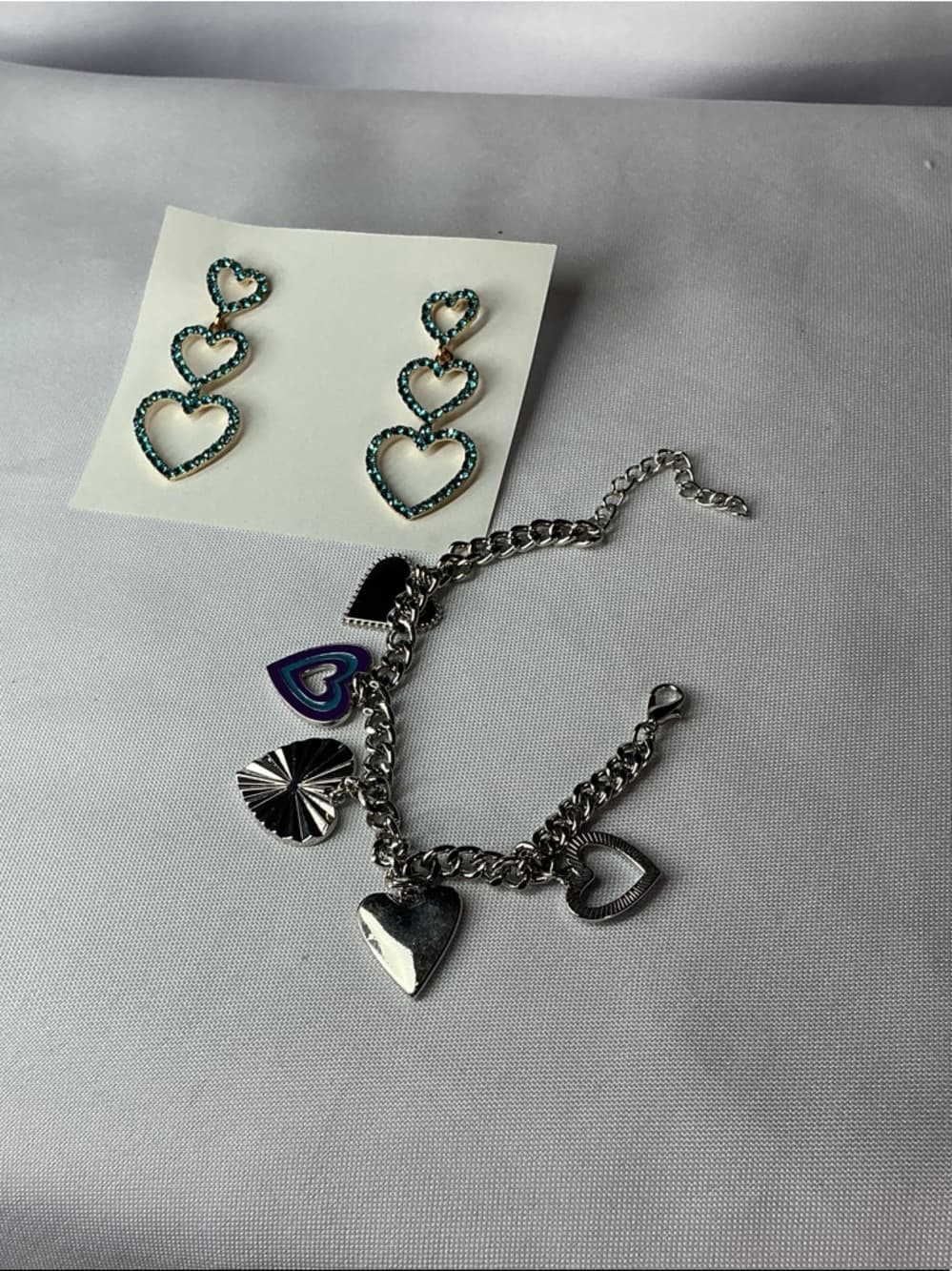 Teal Rhinestone Triple Heart Dangle Earrings Statement Glam - Thumbnail 4