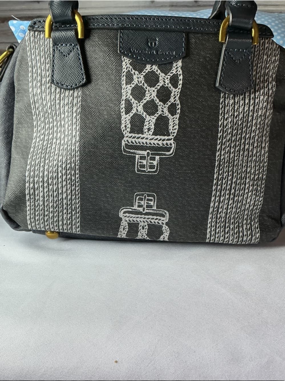 ⭐ Gray Canvas Stripe Satchel Handbag Gold Hardware Everyday Carry Bag