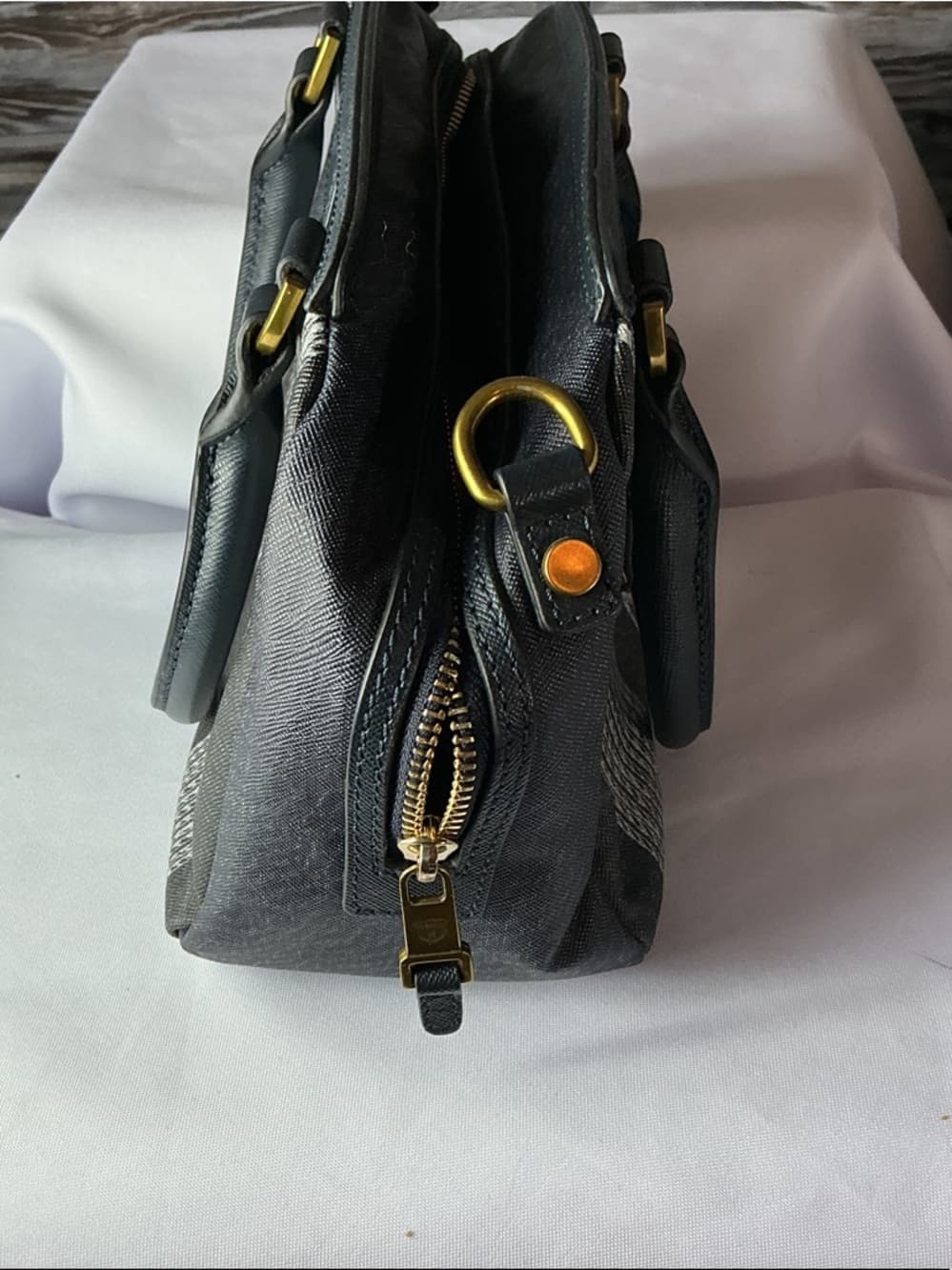⭐ Gray Canvas Stripe Satchel Handbag Gold Hardware Everyday Carry Bag - Thumbnail 3