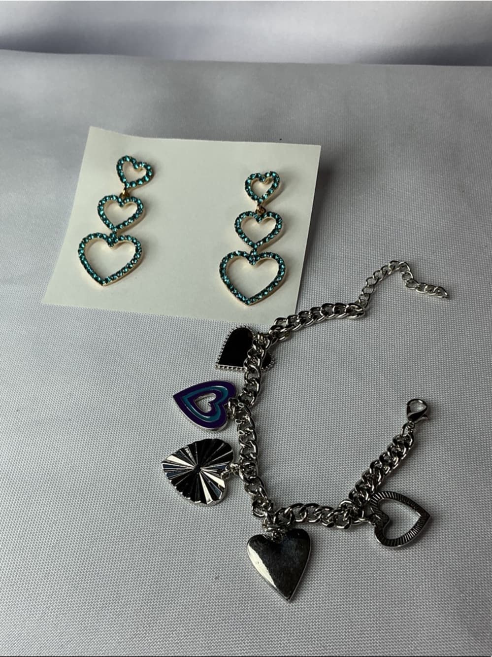 Teal Rhinestone Triple Heart Dangle Earrings Statement Glam - Thumbnail 5