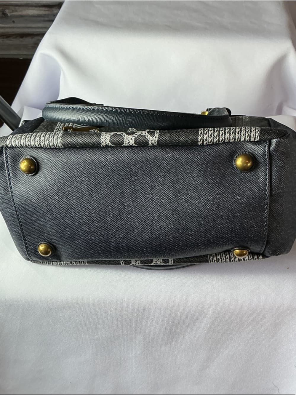 ⭐ Gray Canvas Stripe Satchel Handbag Gold Hardware Everyday Carry Bag - Thumbnail 8