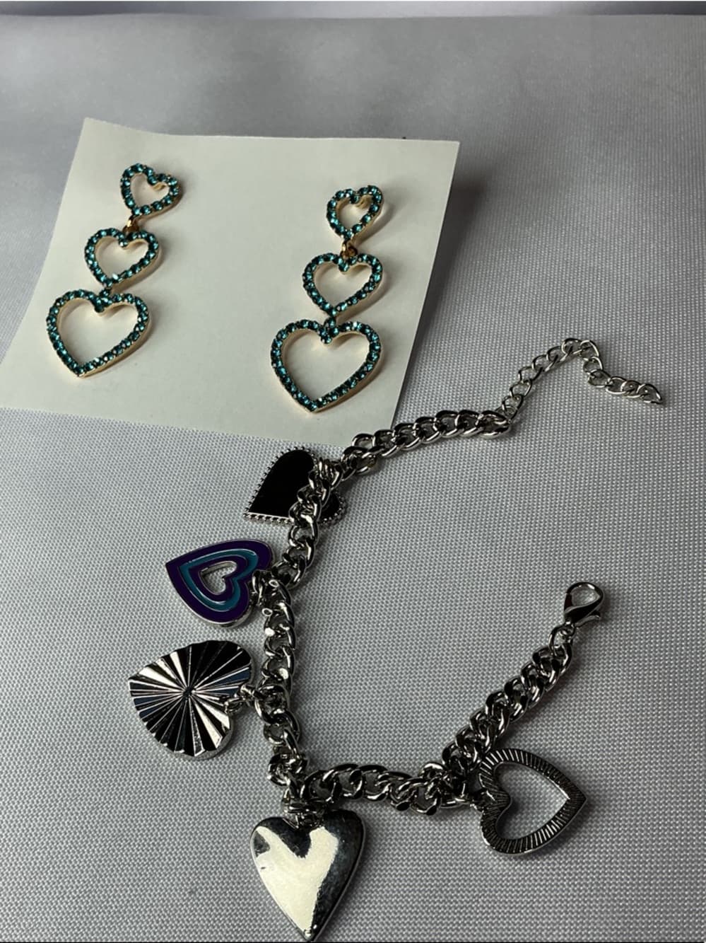 Teal Rhinestone Triple Heart Dangle Earrings Statement Glam - Thumbnail 3