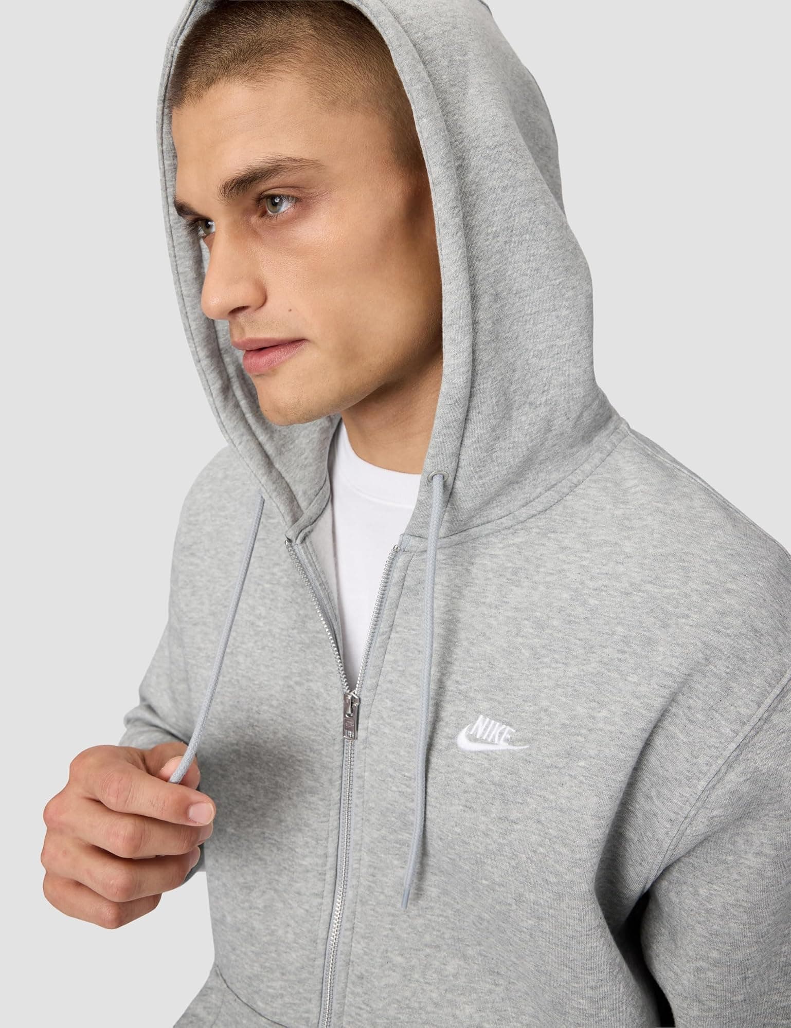 Nike Men's Club Full-zip Fleece Hoodie - Dark Grey Heather/Light Smoke Grey/Whit - Thumbnail 3