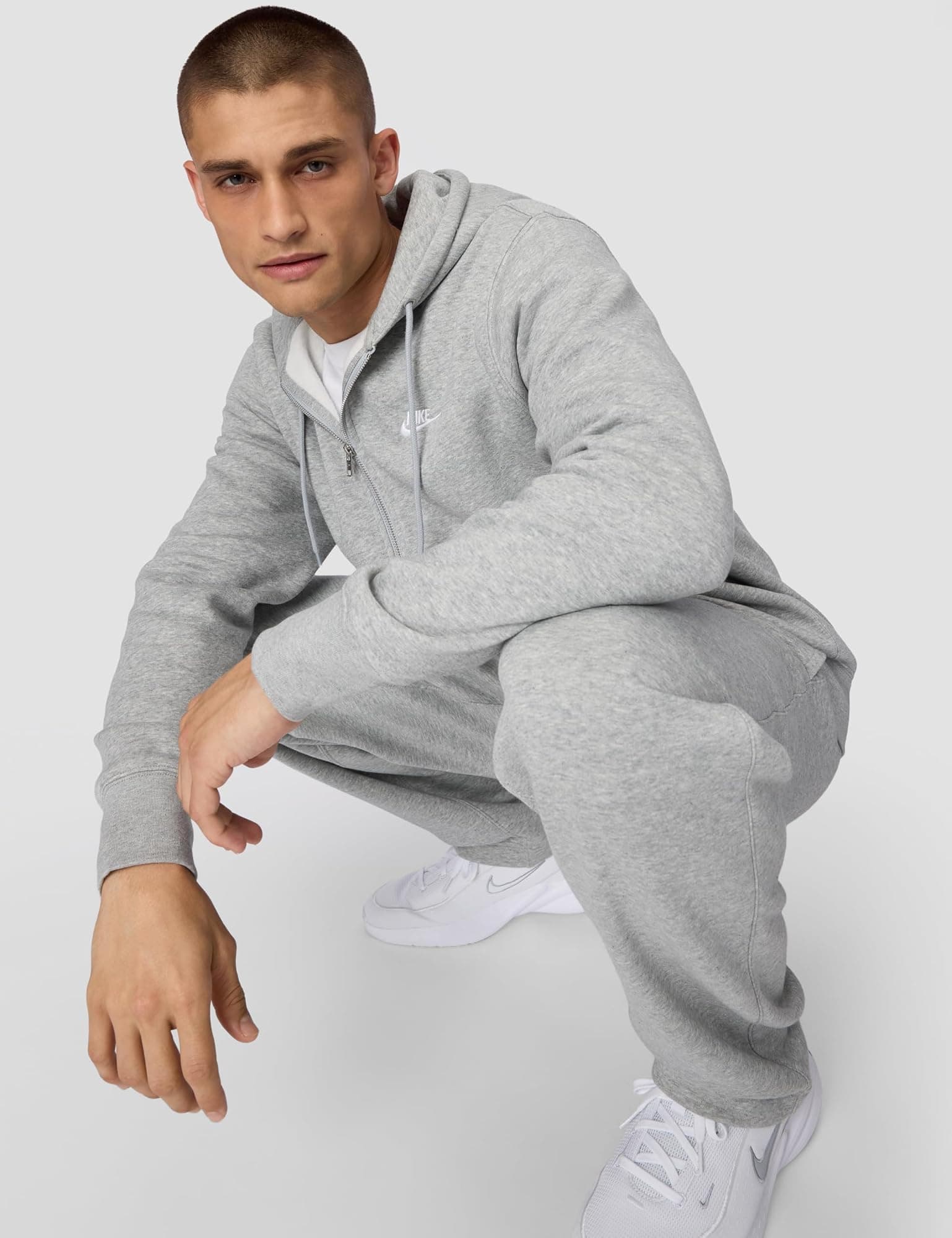 Nike Men's Club Full-zip Fleece Hoodie - Dark Grey Heather/Light Smoke Grey/Whit - Thumbnail 5