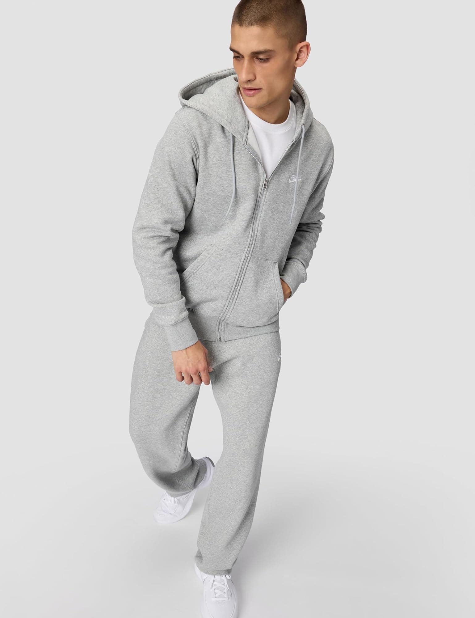 Nike Men's Club Full-zip Fleece Hoodie - Dark Grey Heather/Light Smoke Grey/Whit - Thumbnail 6