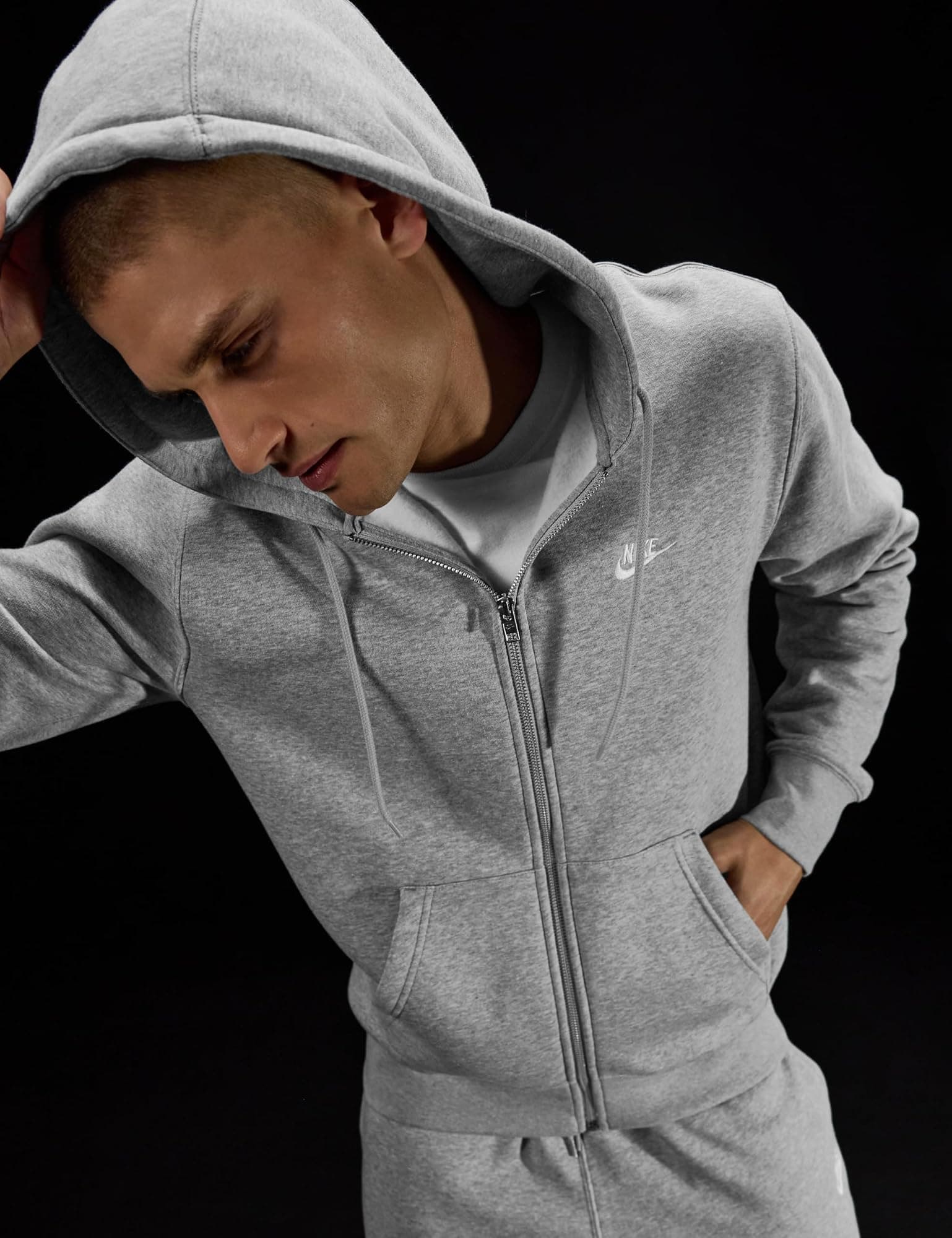 Nike Men's Club Full-zip Fleece Hoodie - Dark Grey Heather/Light Smoke Grey/Whit - Thumbnail 2