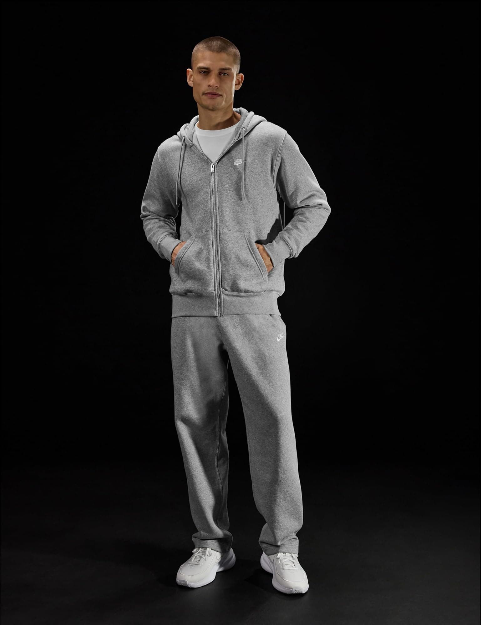 Nike Men's Club Full-zip Fleece Hoodie - Dark Grey Heather/Light Smoke Grey/Whit - Thumbnail 7