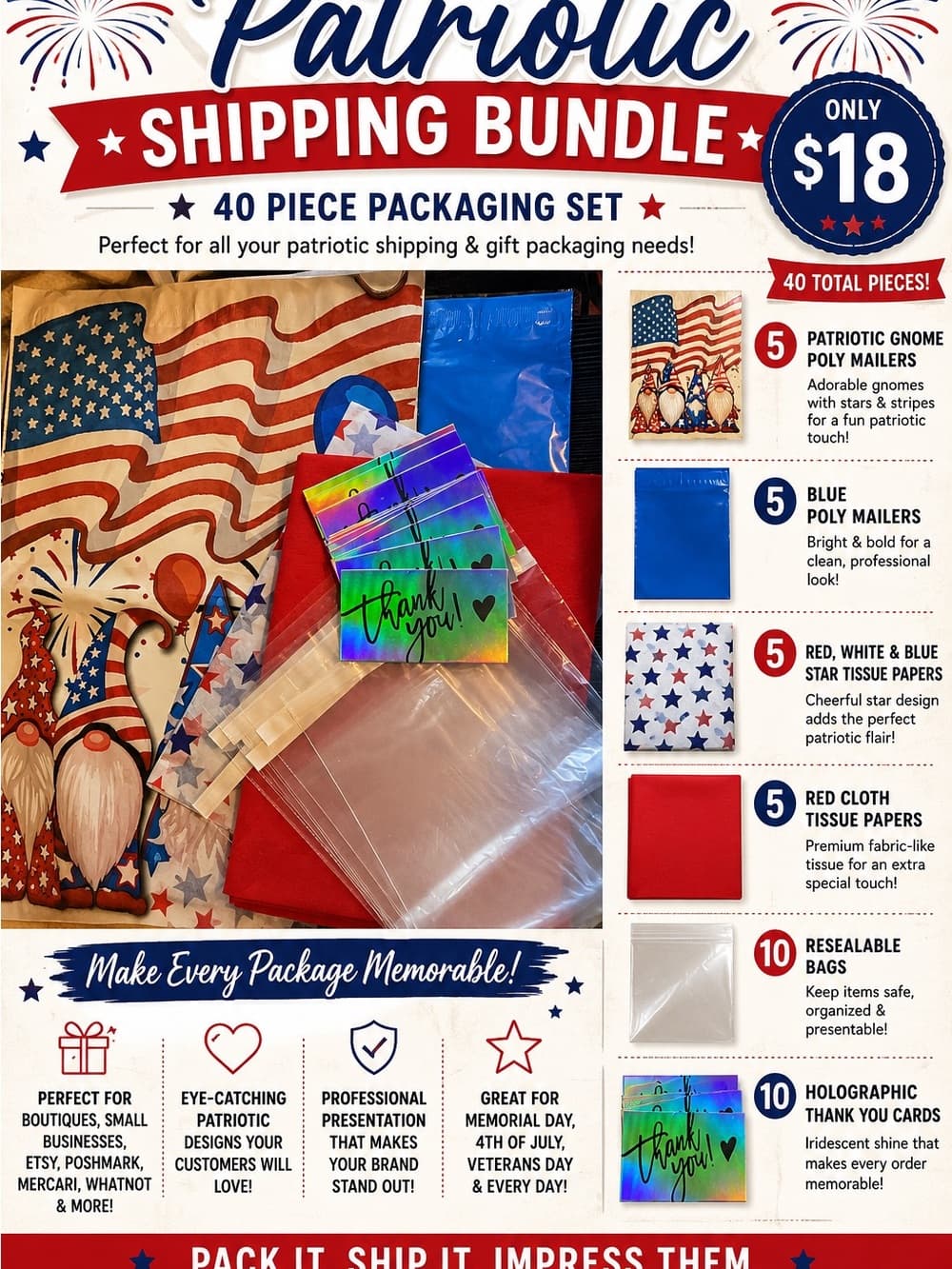 ★ Patriotic Shipping Bundle – 40 Piece Packaging Set Price Suggestion: $18