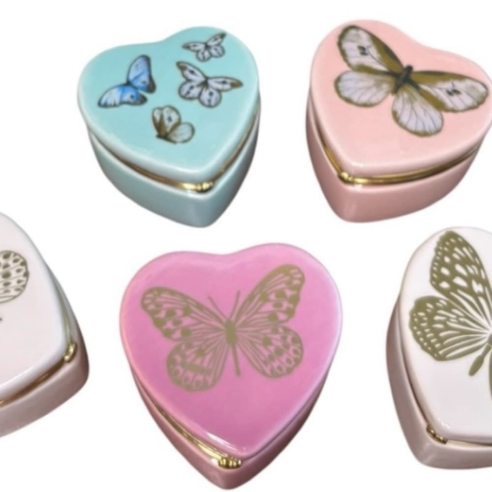 Heart Butterfly Trinket Boxes Set of 5 Pink Mint Gold Decor