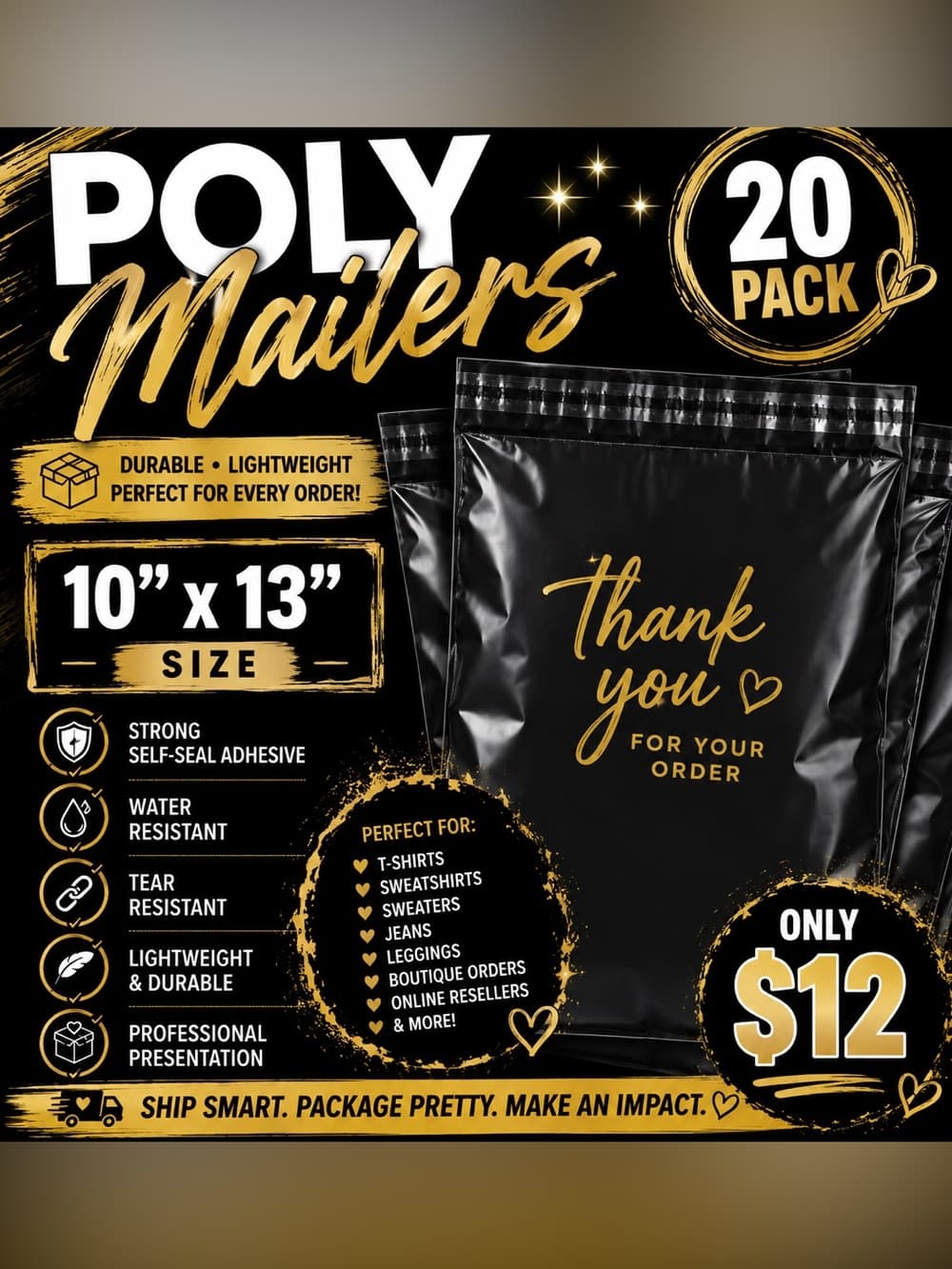 ★ 20 Black Thank You Poly Mailers 10x13 Boutique Shipping Bags
