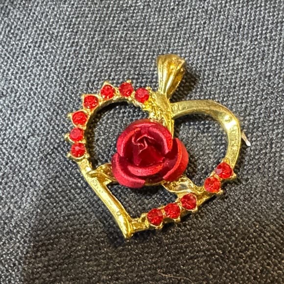 Gold Heart Pendant with Red Rose Accents - Thumbnail 6