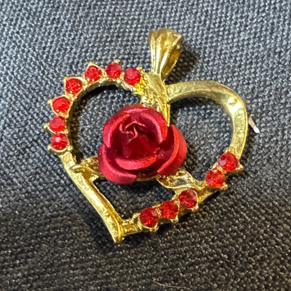 Gold Heart Pendant with Red Rose Accents