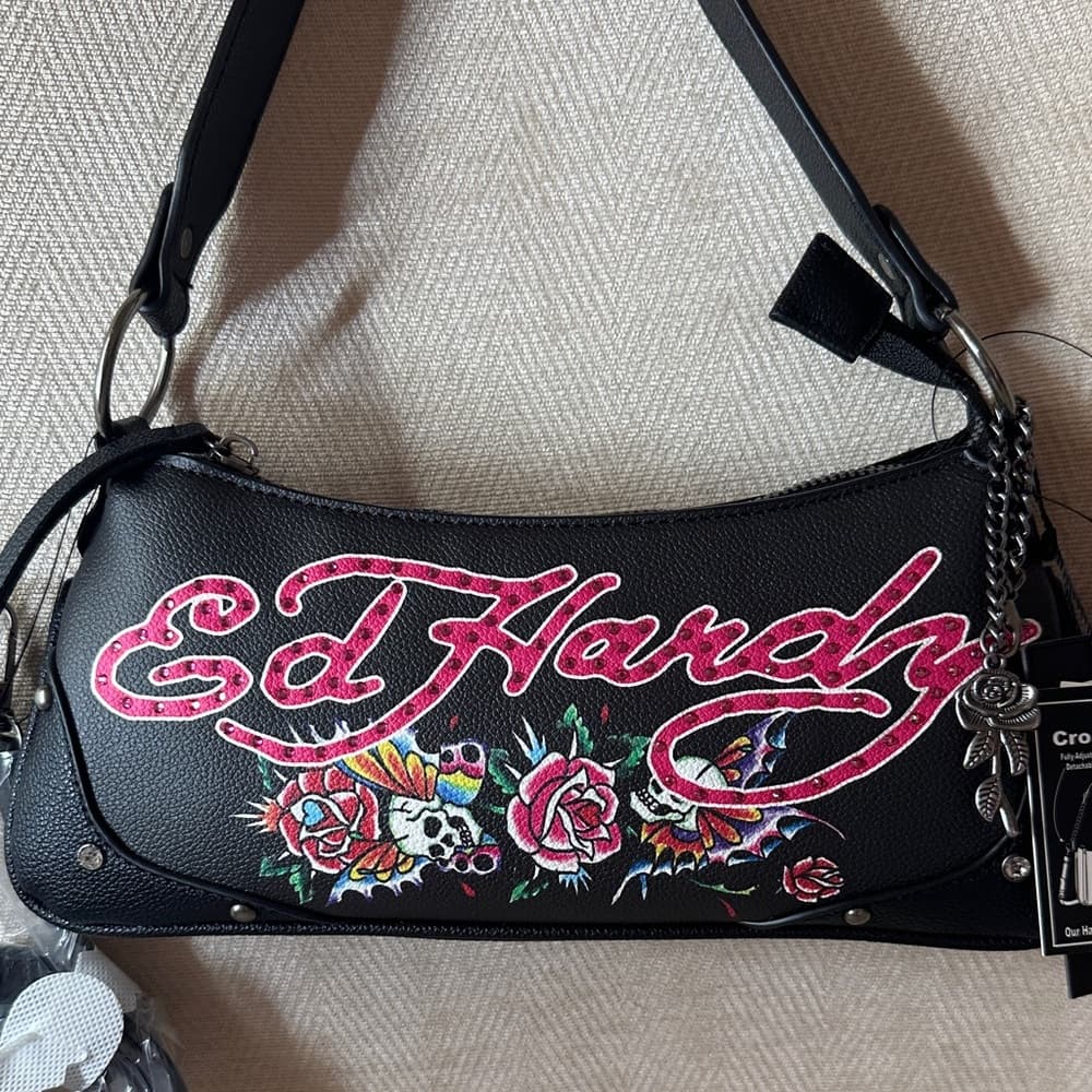 ⭐ Ed Hardy Embroidered Floral Skull Crossbody Shoulder Bag NWT